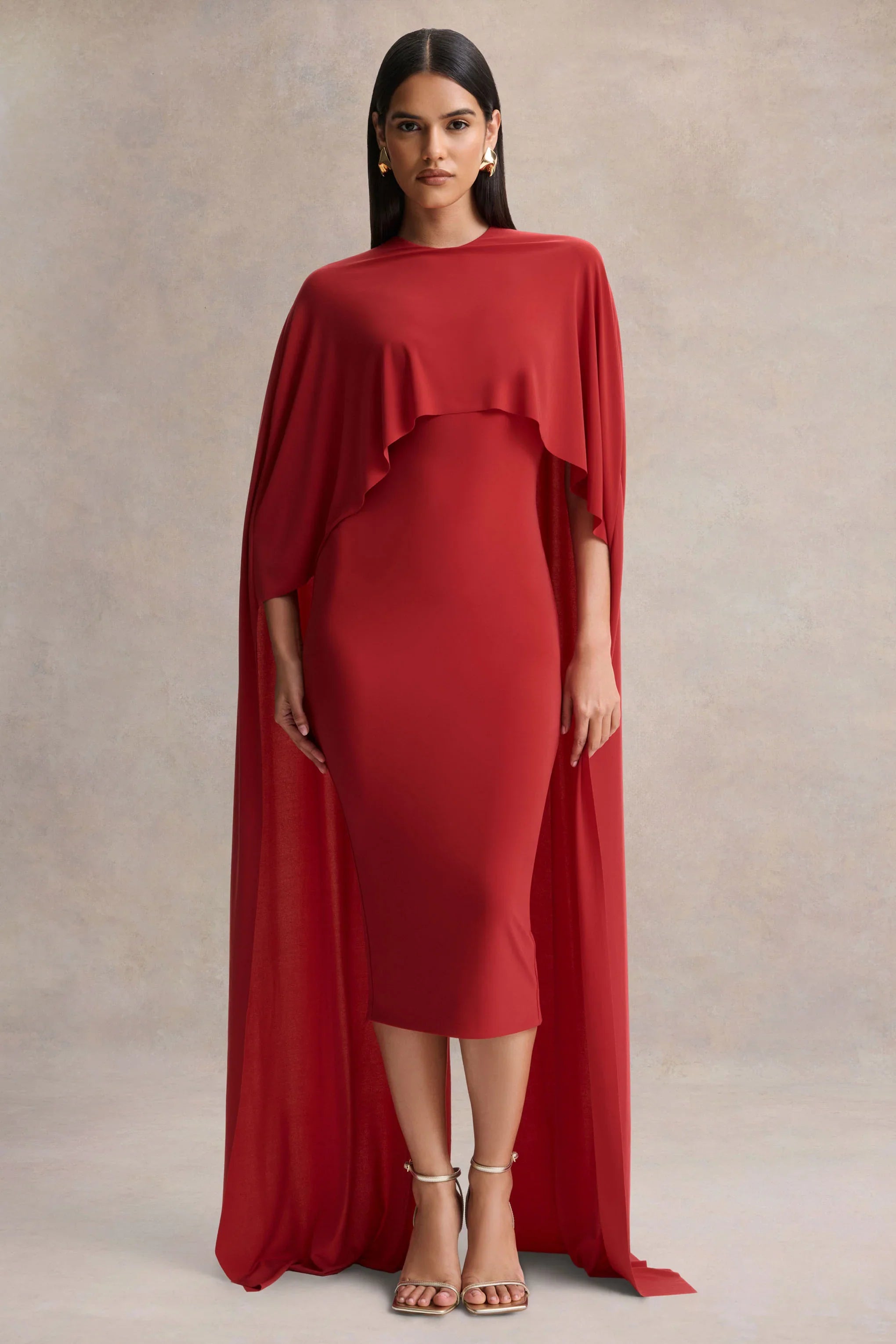 Kalani Red Crew Neck Midi Dress With Cape Sleeves