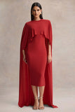 Kalani Red Crew Neck Midi Dress With Cape Sleeves