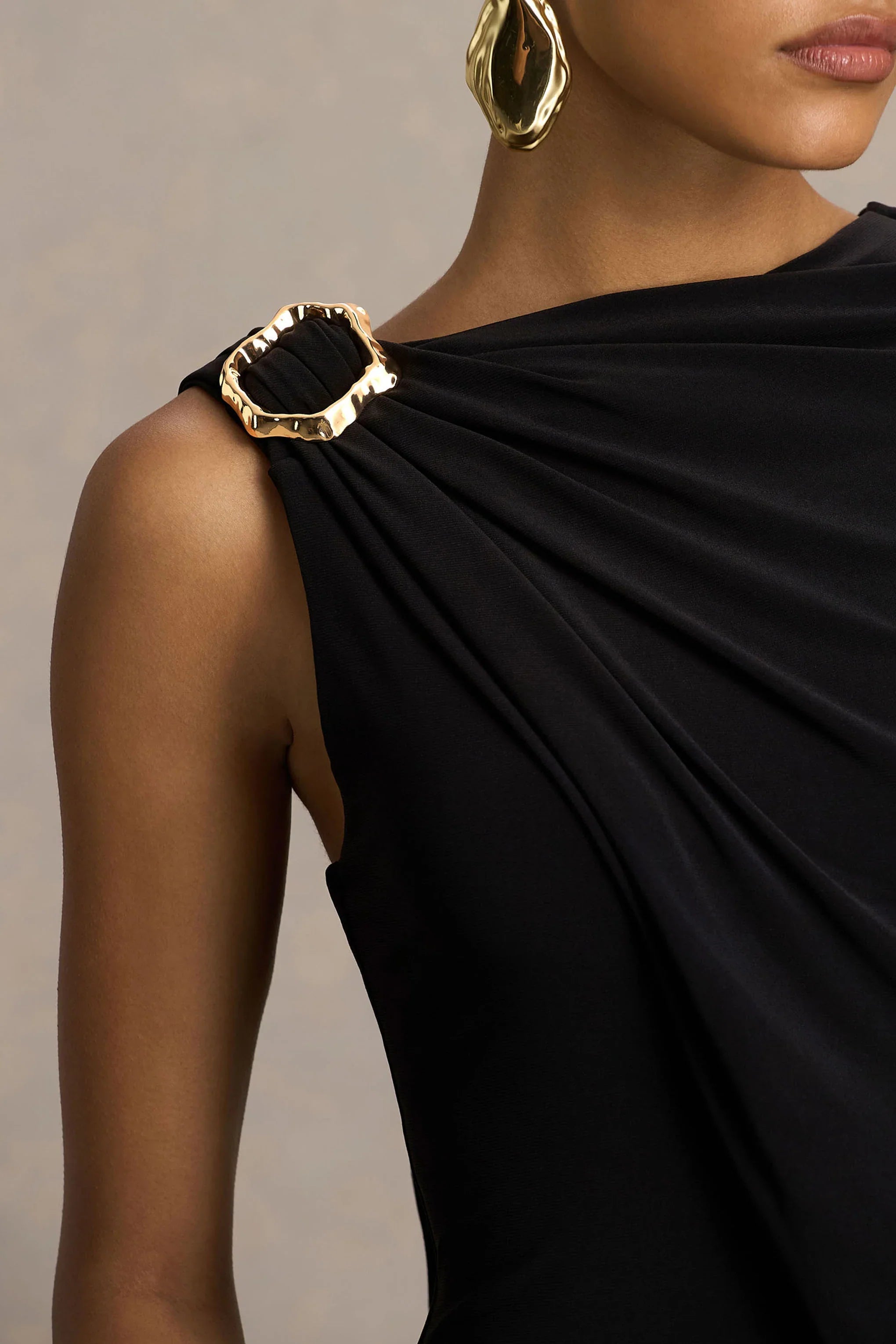 Cressida Black Asymmetric Neck Maxi Dress With Cape And Gold Detail