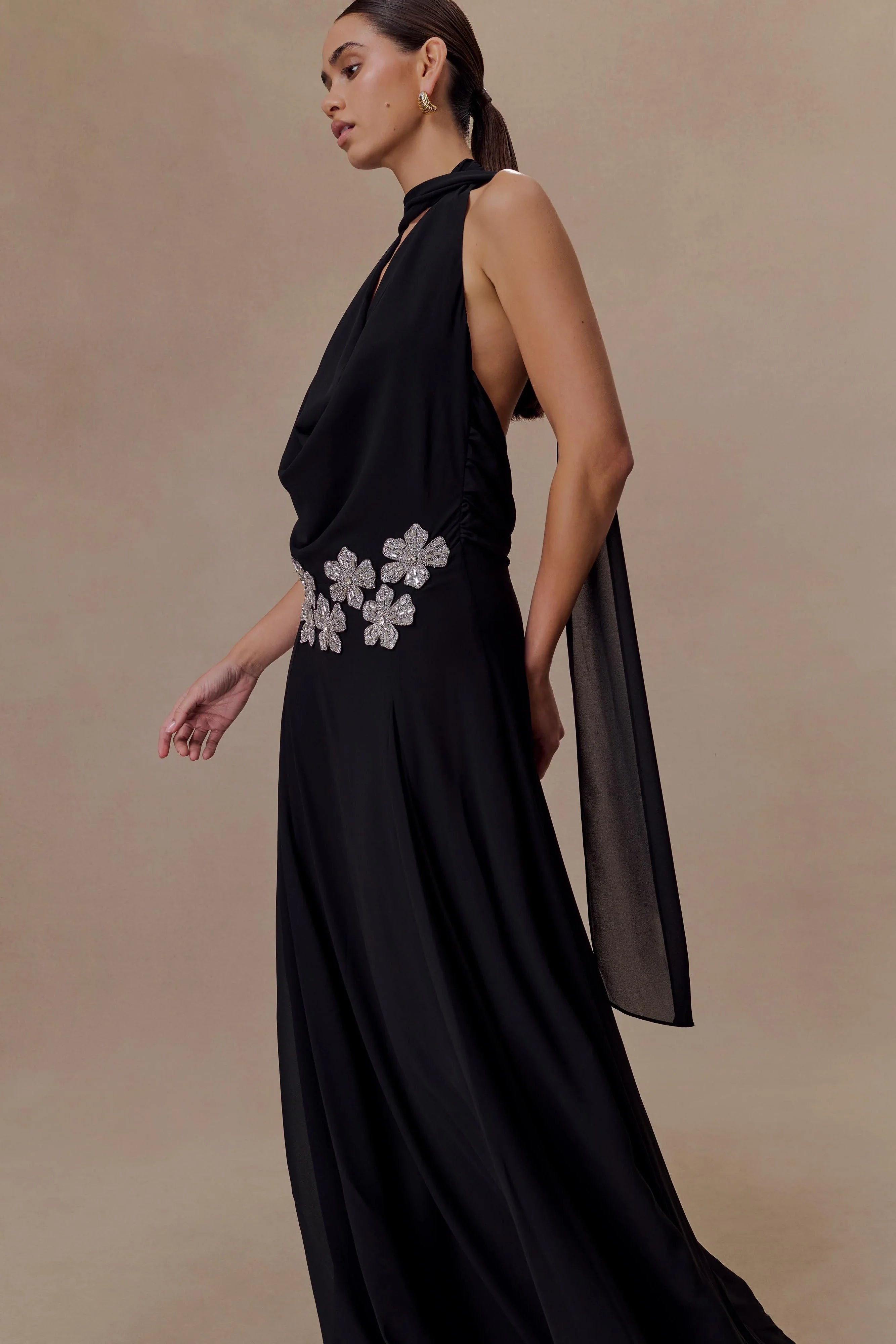 Santal Floral Chiffon Halter Maxi Dress Black