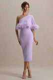 Victory Lilac One Shoulder Midi Dress With Feather Trim