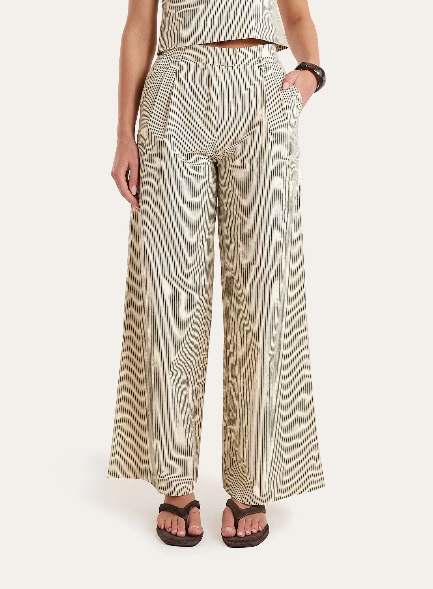 Beige Striped Wide Leg Tailored Trousers