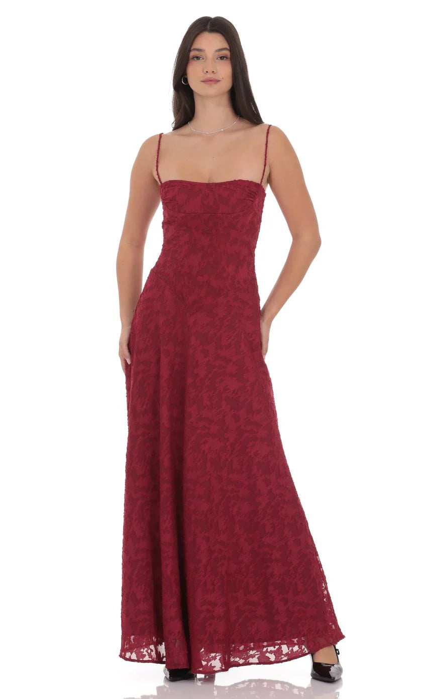Burnout Lace Up Maxi Dress in Maroon