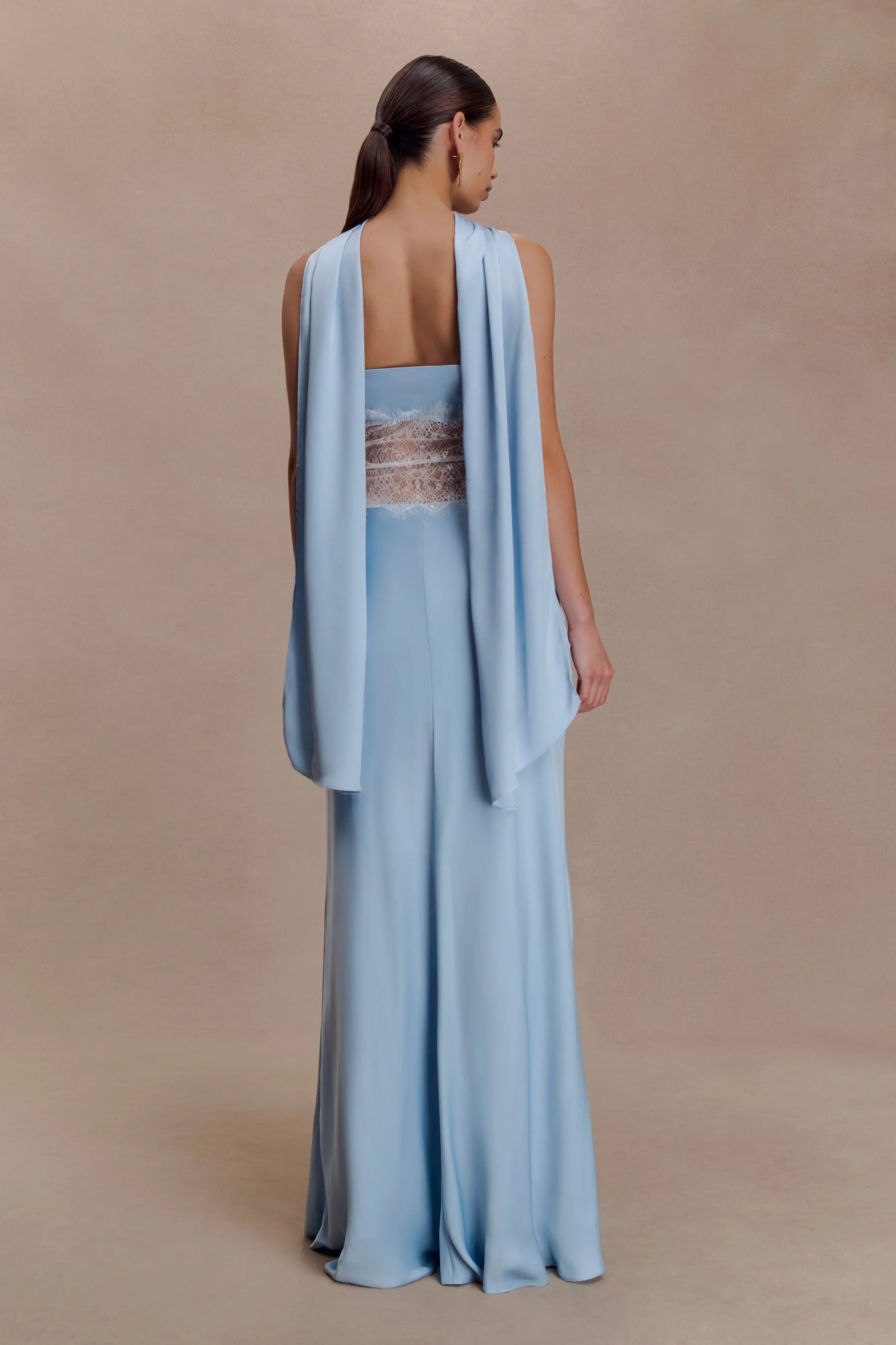 Pilar Strapless Satin And Lace Maxi Dress Cornflower Blue