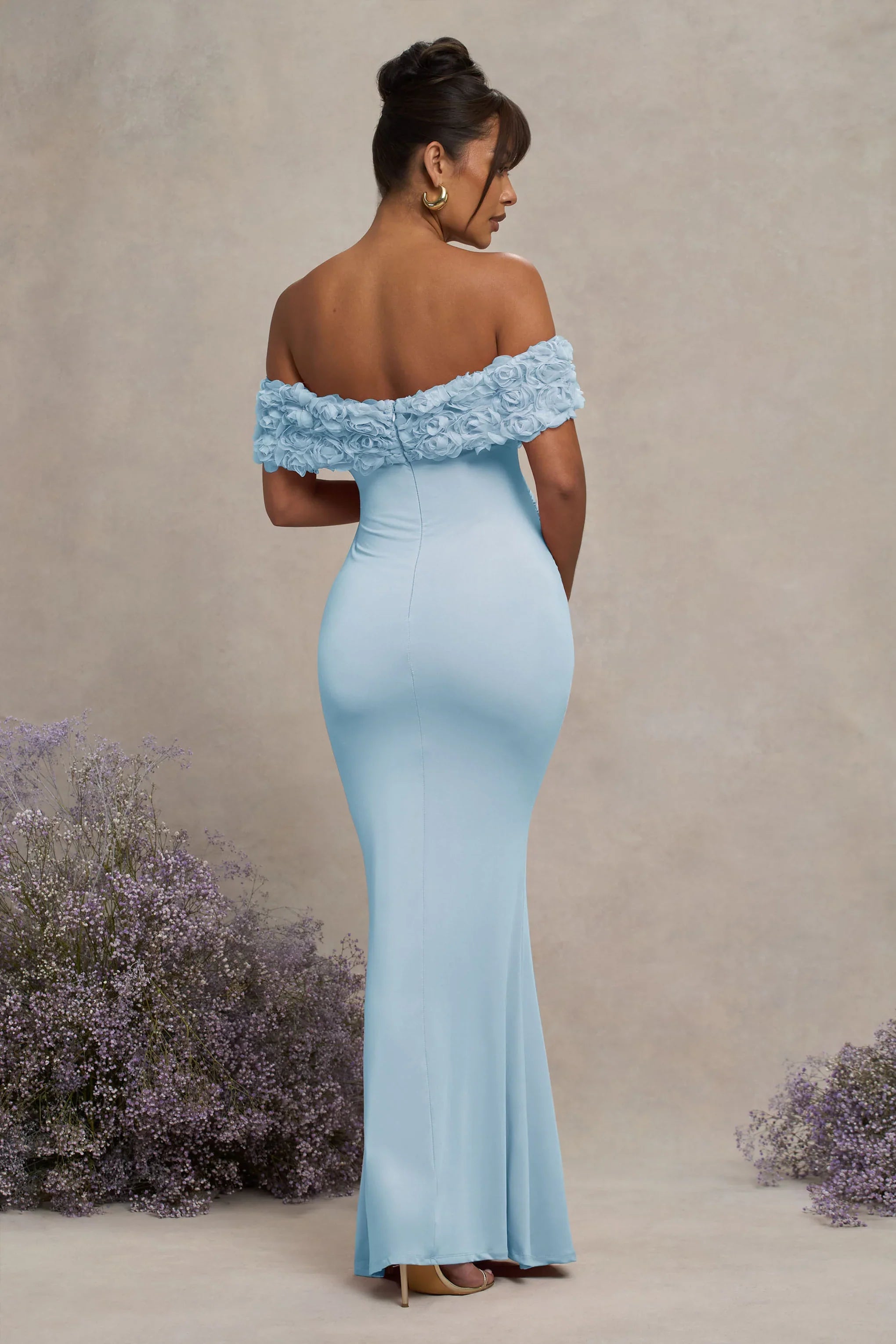 Inflorescence Powder Blue Mesh Floral Bardot Maternity Maxi Dress