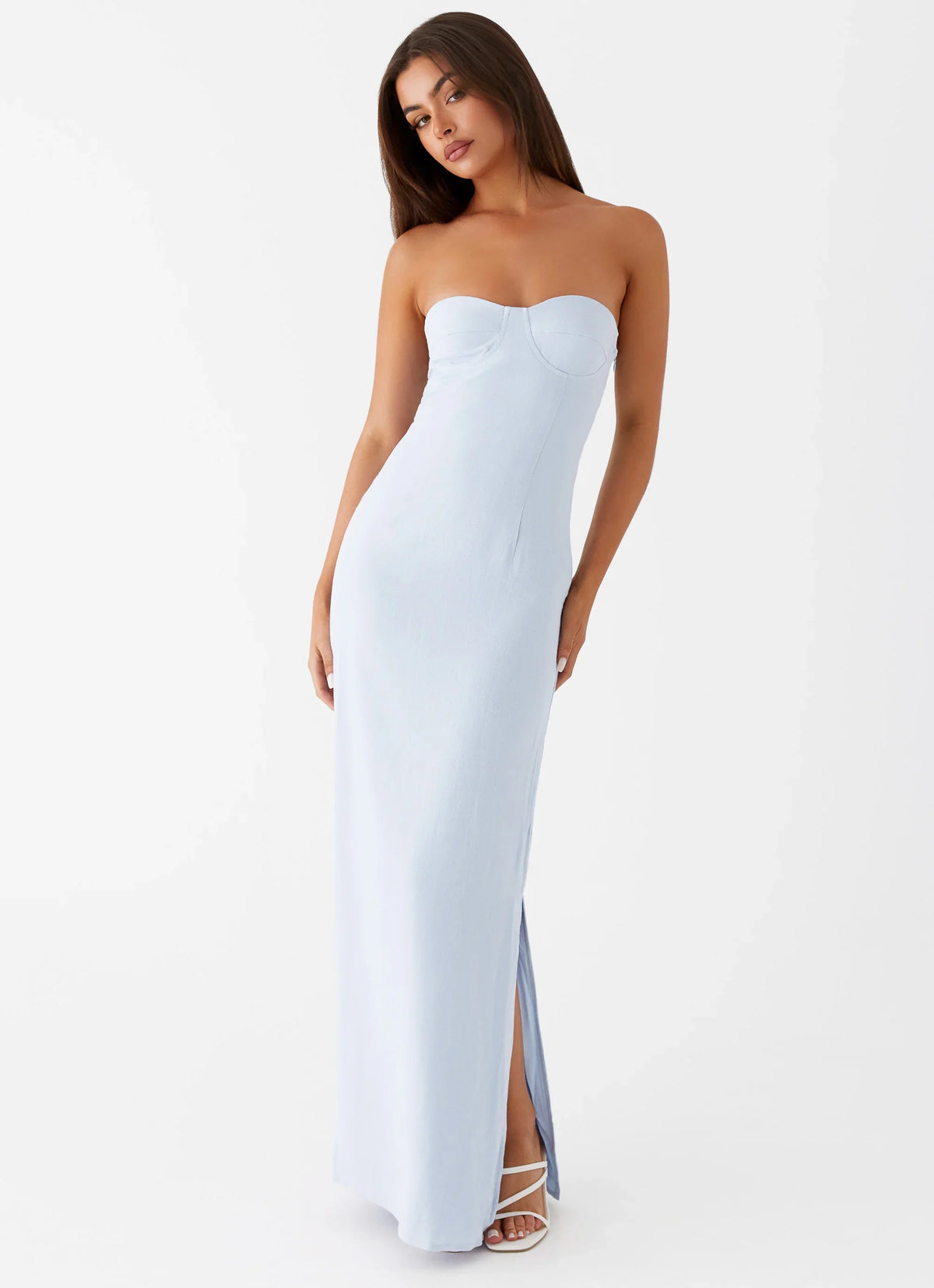 Esra Linen Strapless Maxi Dress Blue