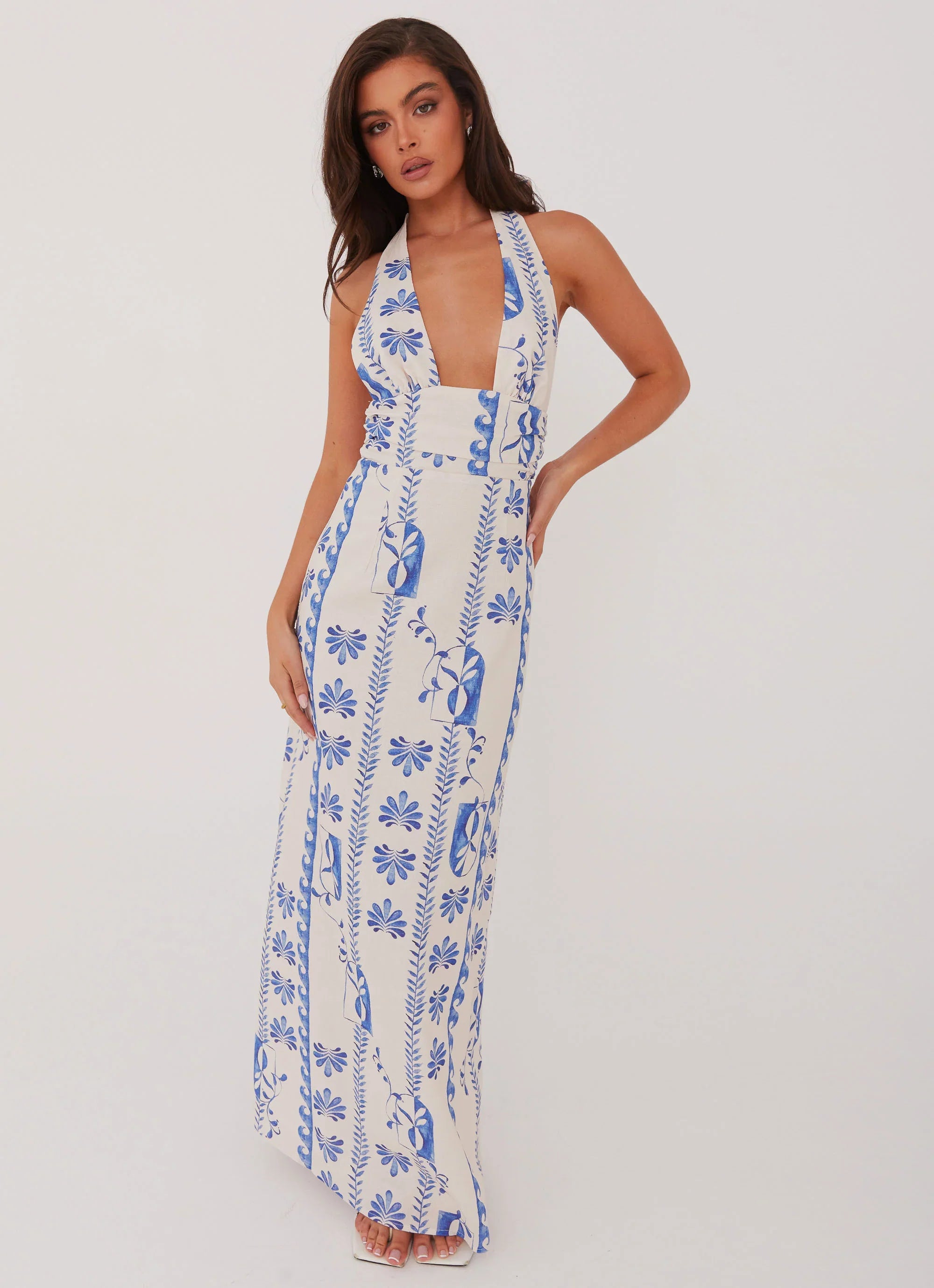 Sky Linen Maxi Dress Floral Wave