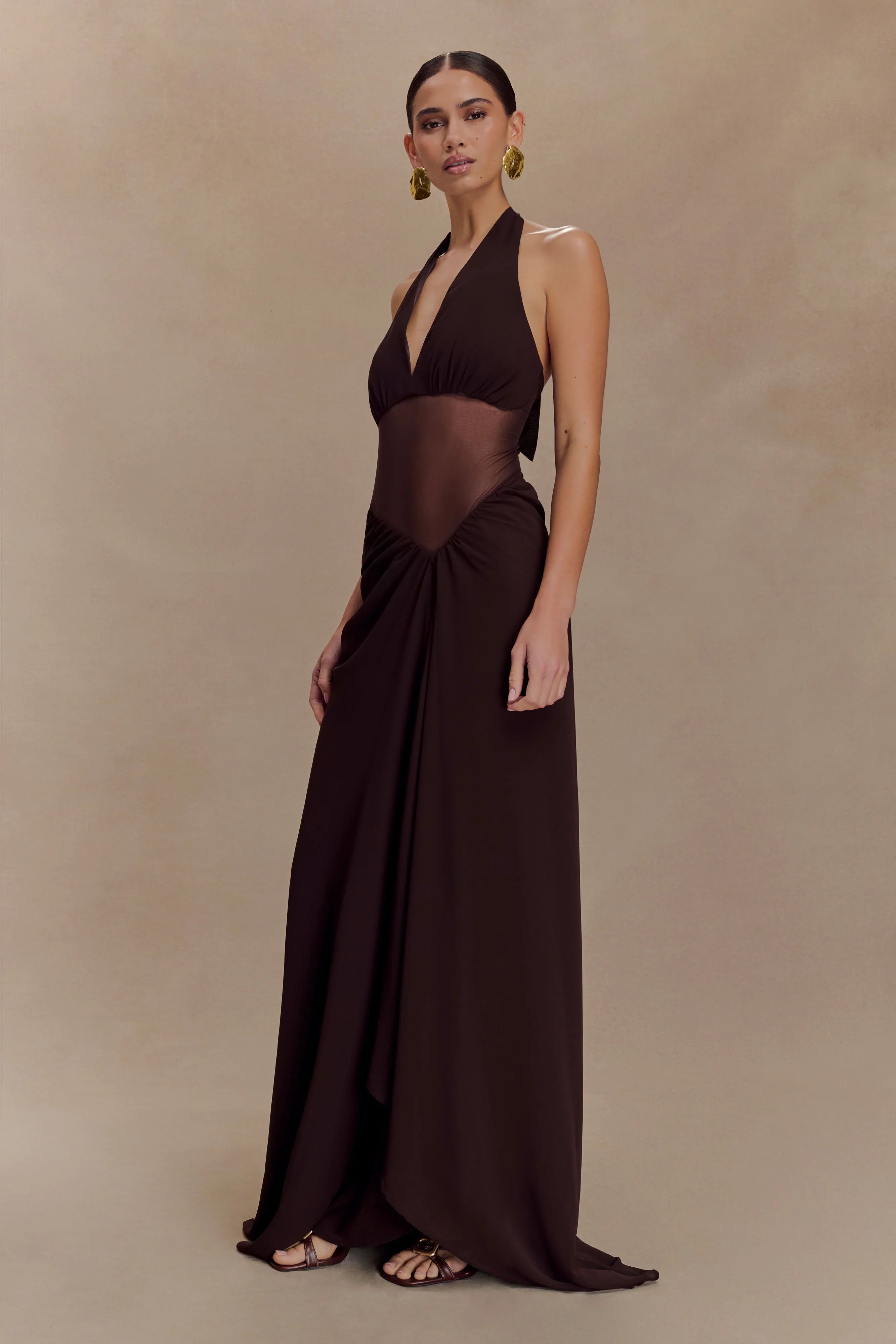 Jonna Chiffon And Mesh Maxi Dress Dark Chocolate