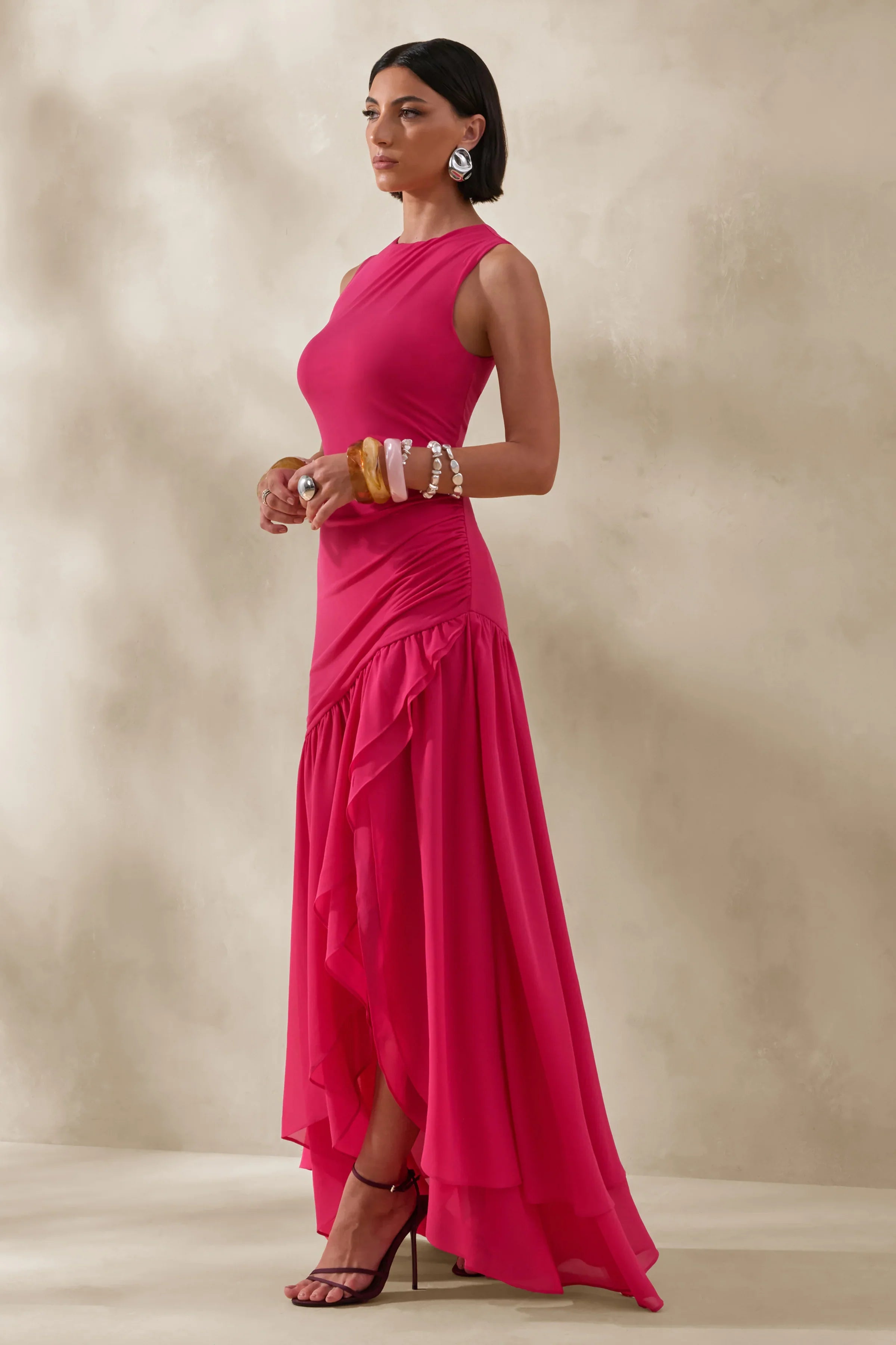 Noelia Hot Pink High Neck Maxi Dress With Ruffled Detailing