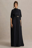 Olessia Black Belted Gathered Cape Sleeve Maxi Dress