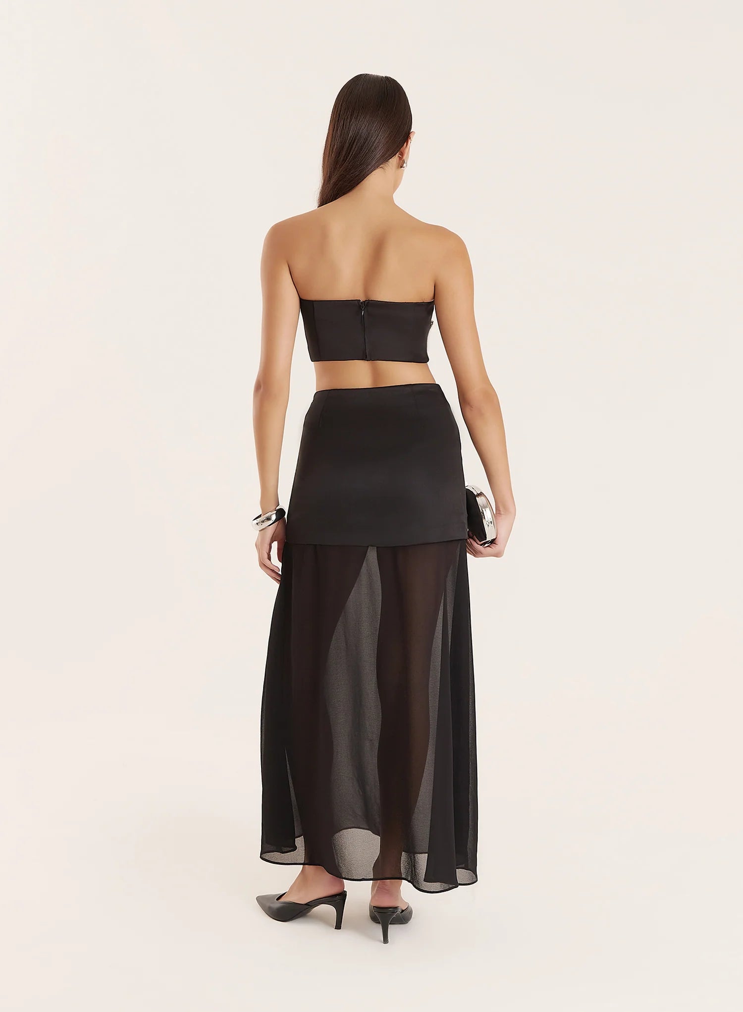 Black Embellished Mesh Hem Midi Skirt