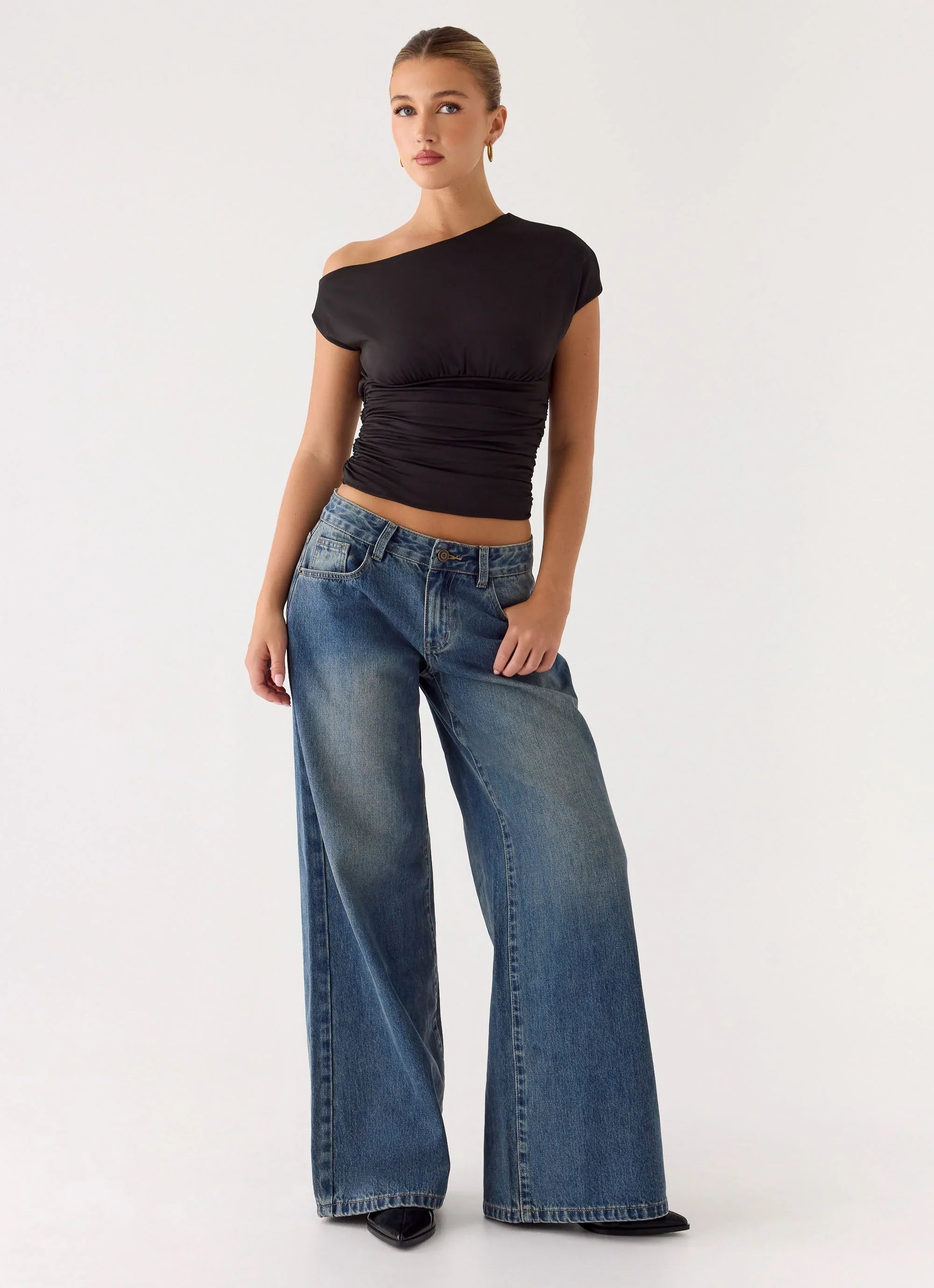 Neo Low Rise Wide Leg Denim Jeans Vintage Blue Bleach Wash