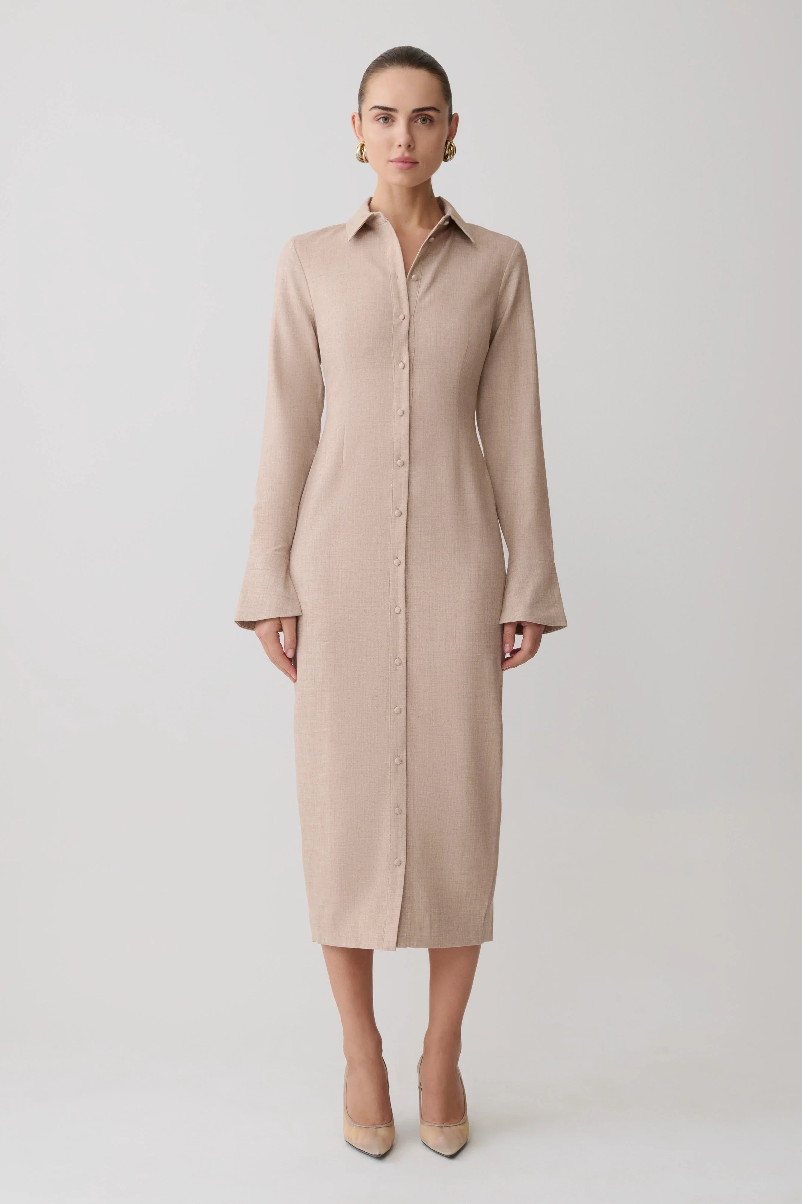 Dorian Fitted Shirt Midi Dress Wheat Marle