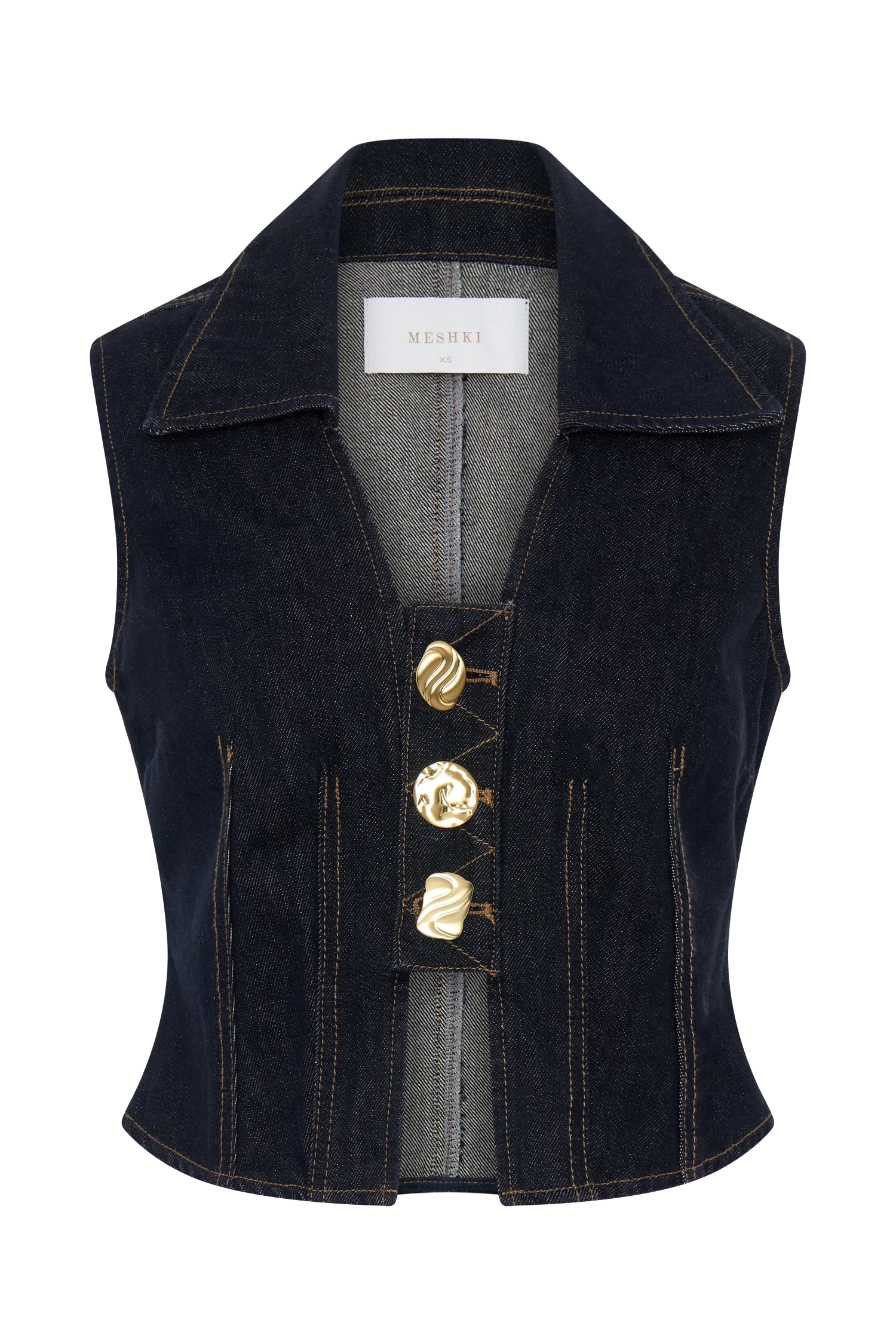 Shona Denim Vest With Decorative Buttons Washed Indigo Blue