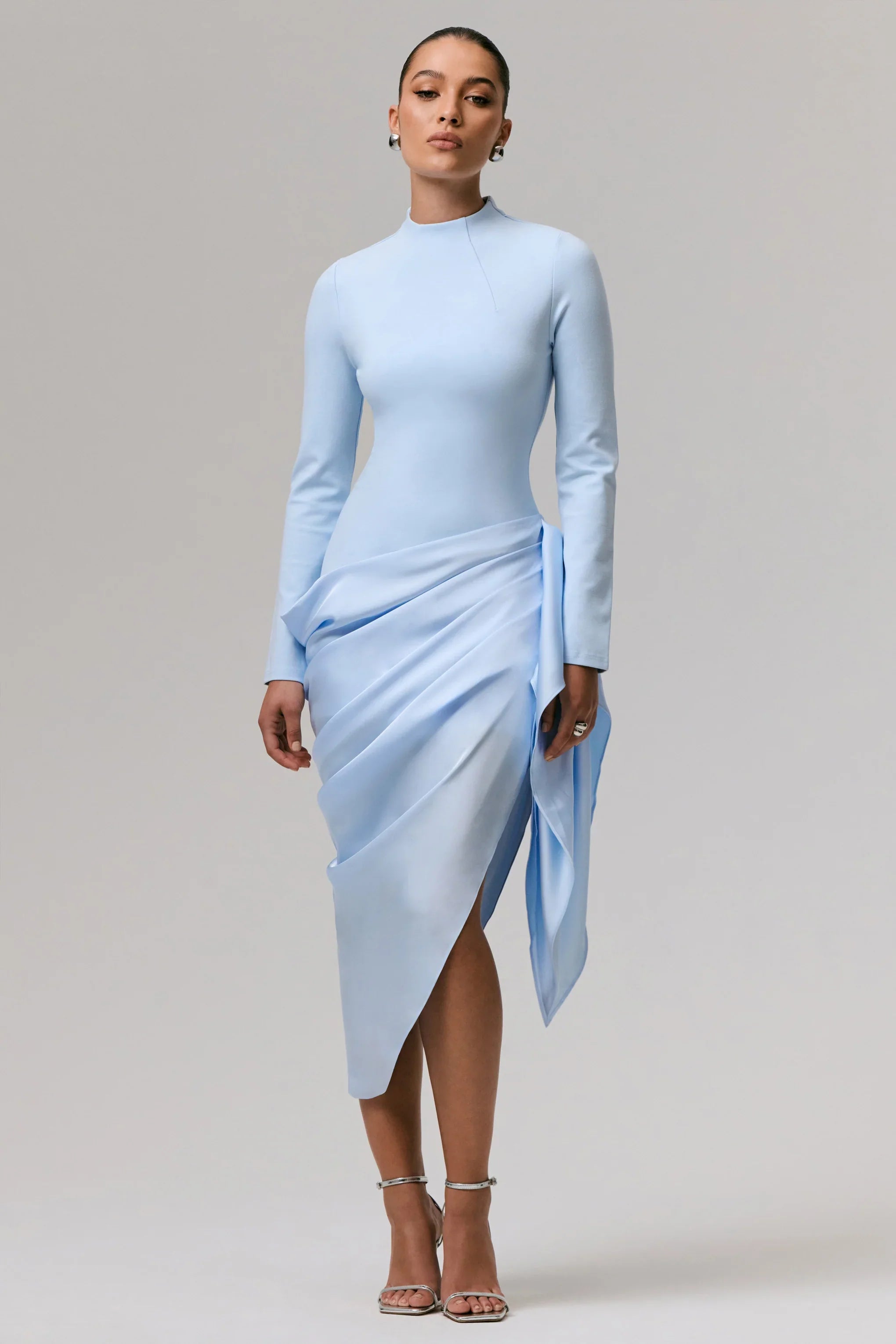 Raffie Powder Blue Long Sleeve Midi Dress With Satin Wrap Skirt