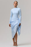 Raffie Powder Blue Long Sleeve Midi Dress With Satin Wrap Skirt