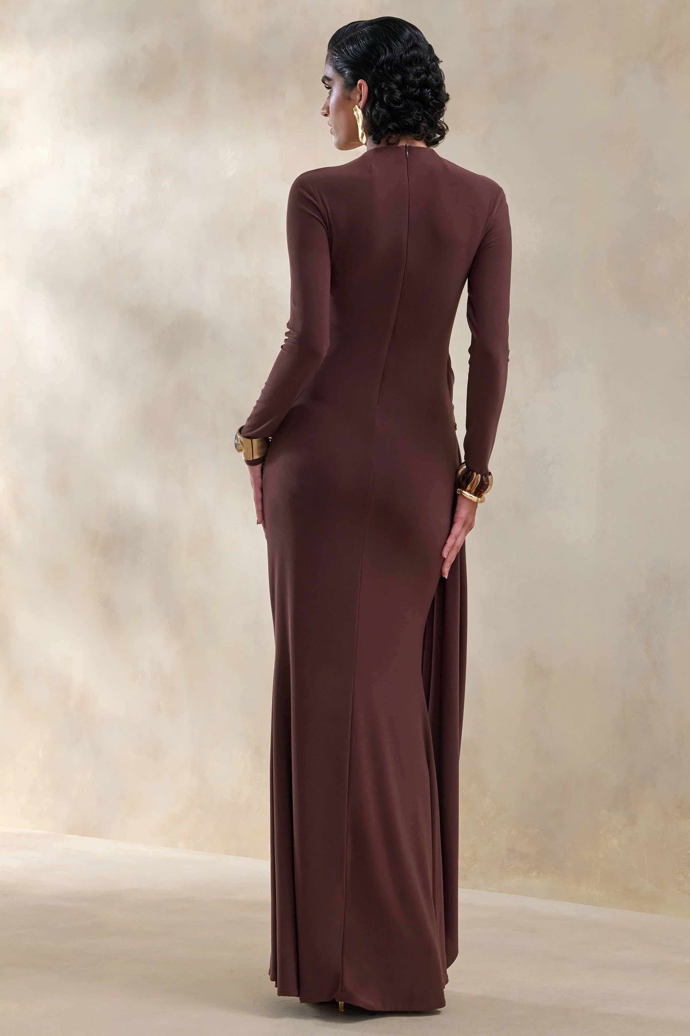 Kyrissa Brown High Neck Maxi Dress With Gathered Detailing