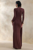 Kyrissa Brown High Neck Maxi Dress With Gathered Detailing