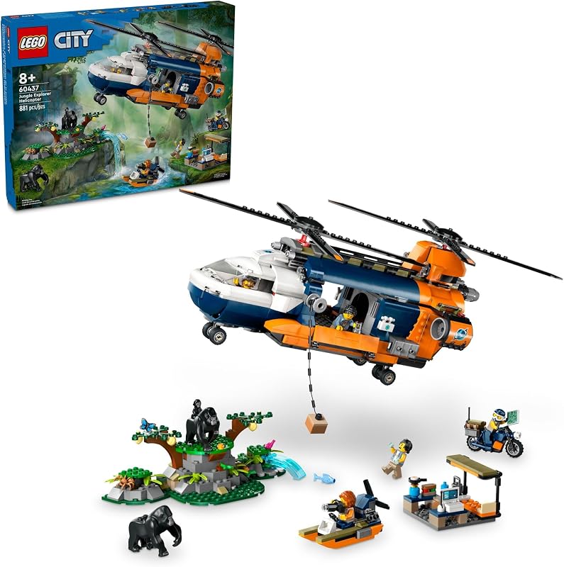 LEGO City Jungle Explorer Helicopter Toy at Base Camp Kids Toy Adventure Building Set for Boys Girls Ages 8 with 5 Minifigures Gorilla Figures Gift Ideas for Birthdays 60437