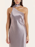 Silver Satin One Shoulder Scarf Neck Maxi Dress