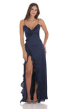 Ruffle V Neck Maxi Dress in Navy