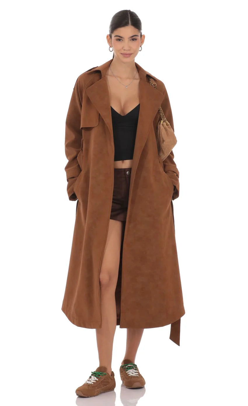 Faux Leather Trench Coat in Camel