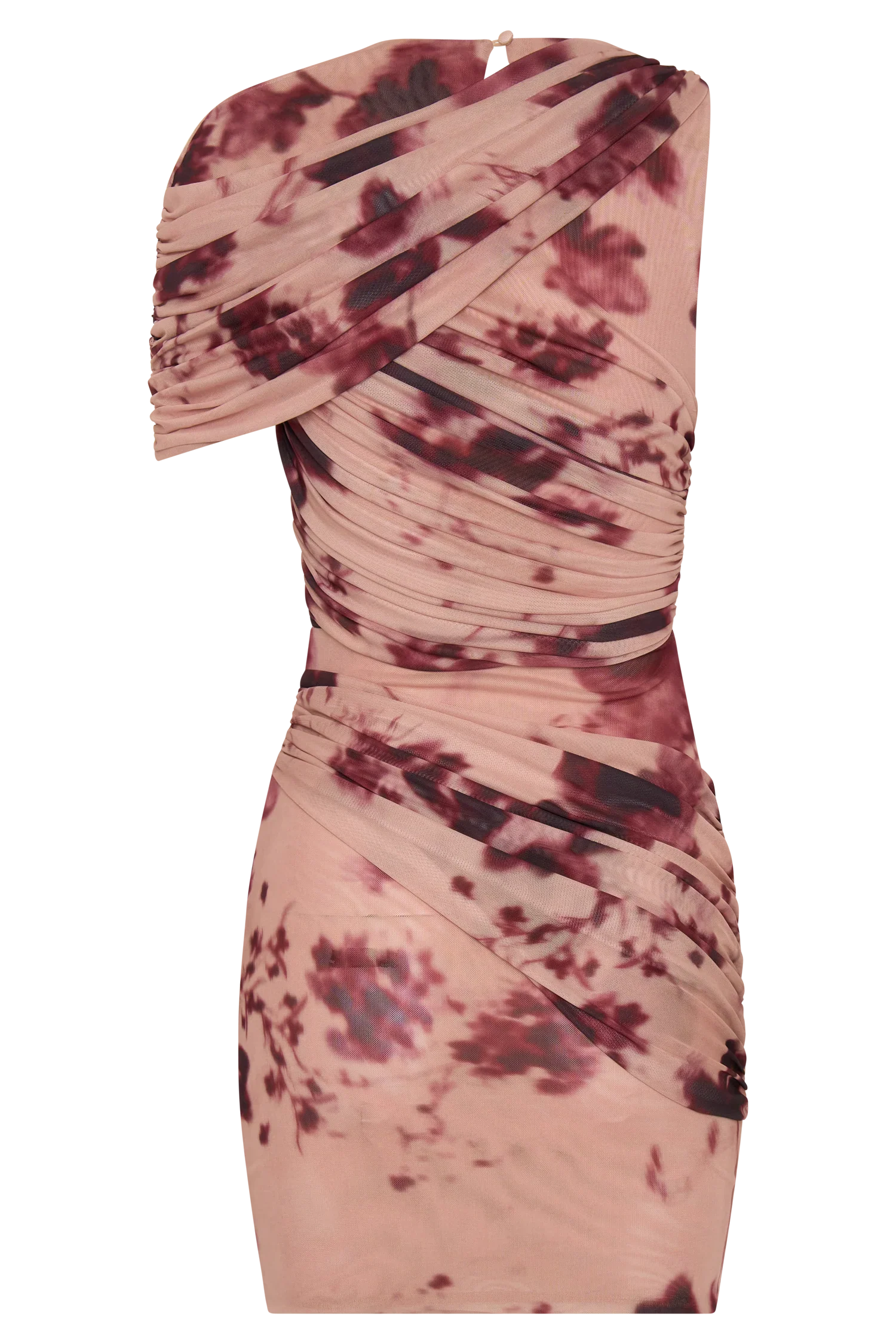 Adrienne One Shoulder Mesh Mini Dress Nude Blurred Floral Print