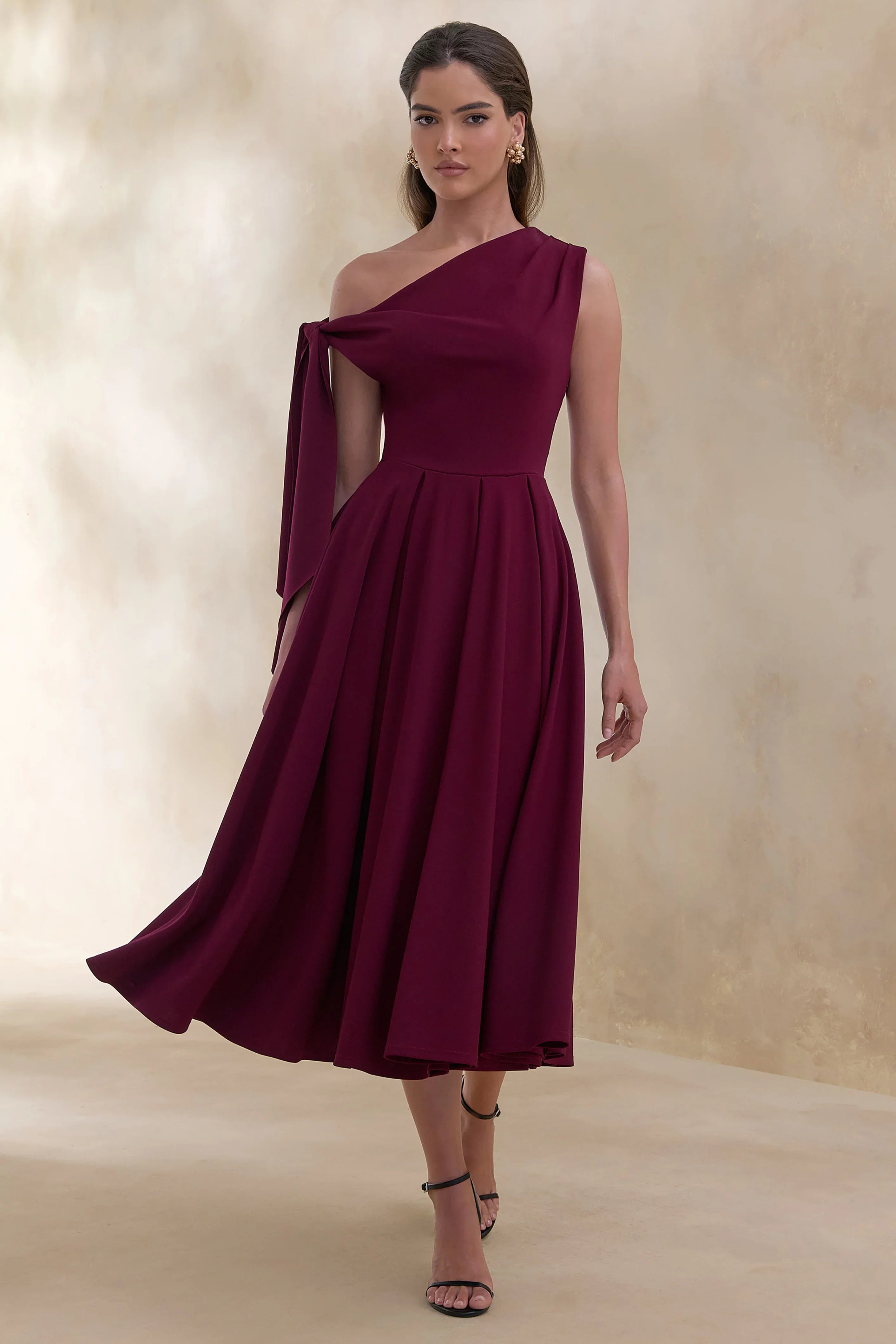Daring Burgundy Asymmetric Neck Midi Dress With Knot Detail