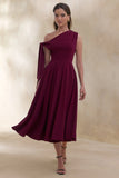 Daring Burgundy Asymmetric Neck Midi Dress With Knot Detail