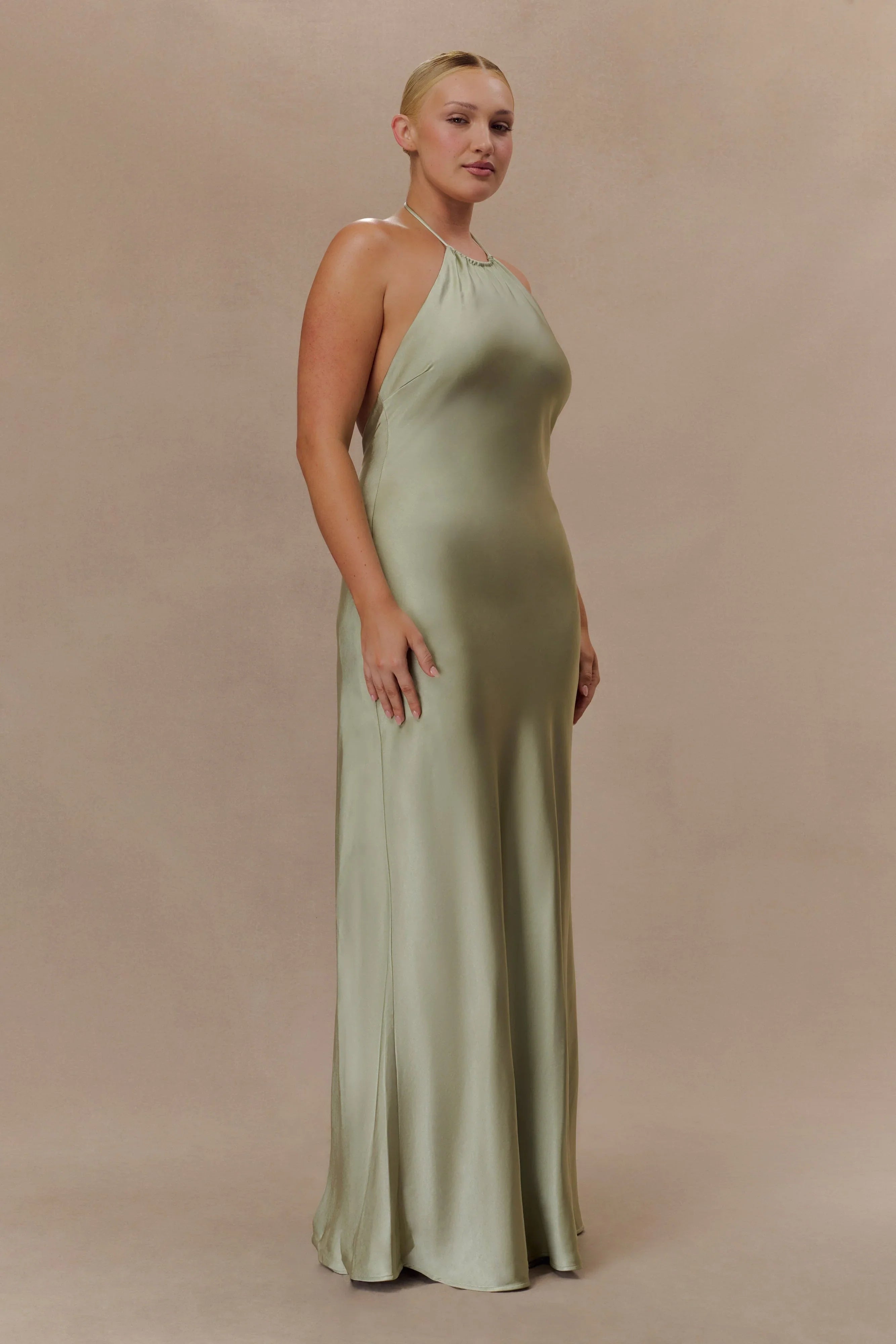 Bella Satin Halter Maxi Dress Sage