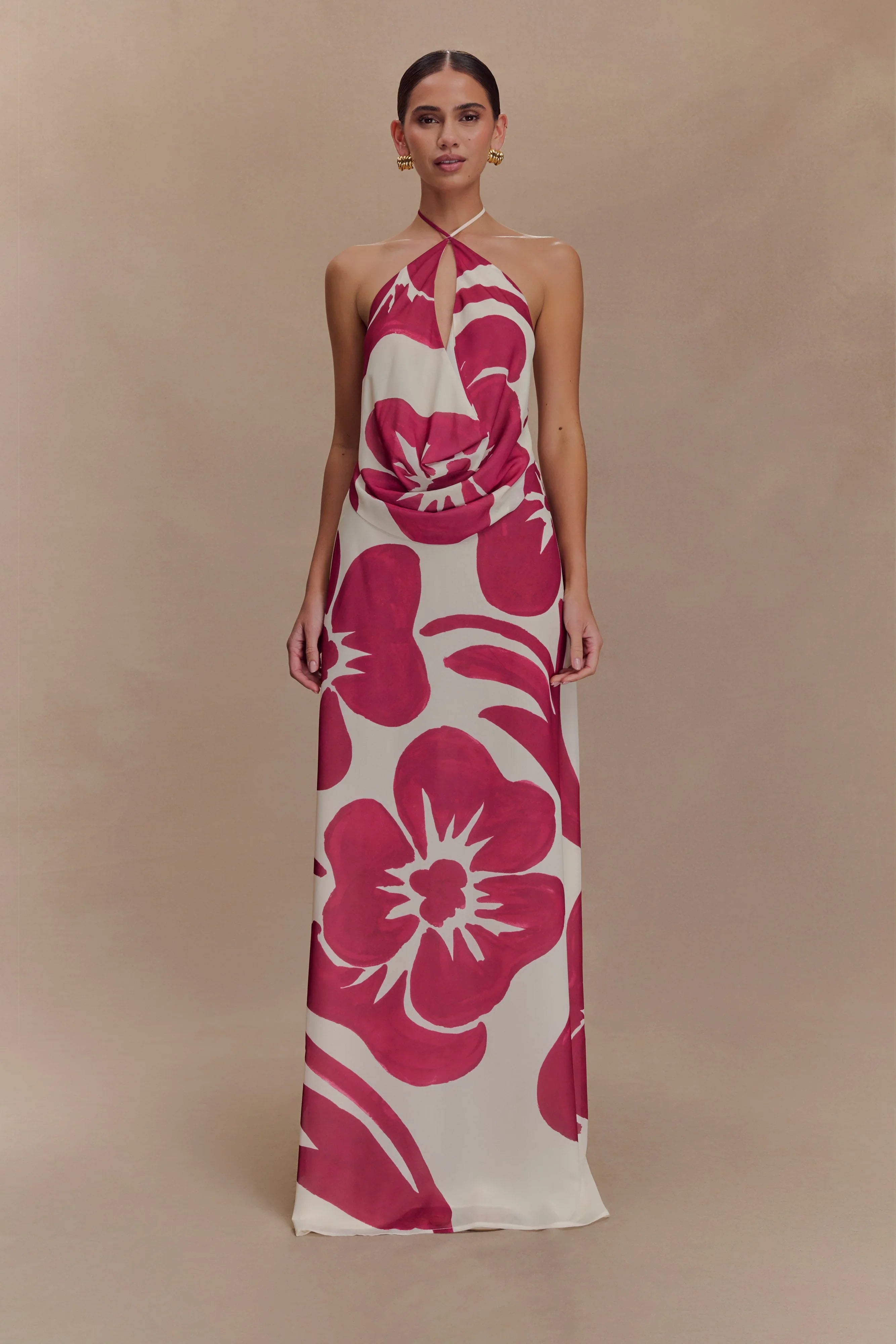 Katalina Chiffon Cowl Halter Top Red Deco Fleur Print