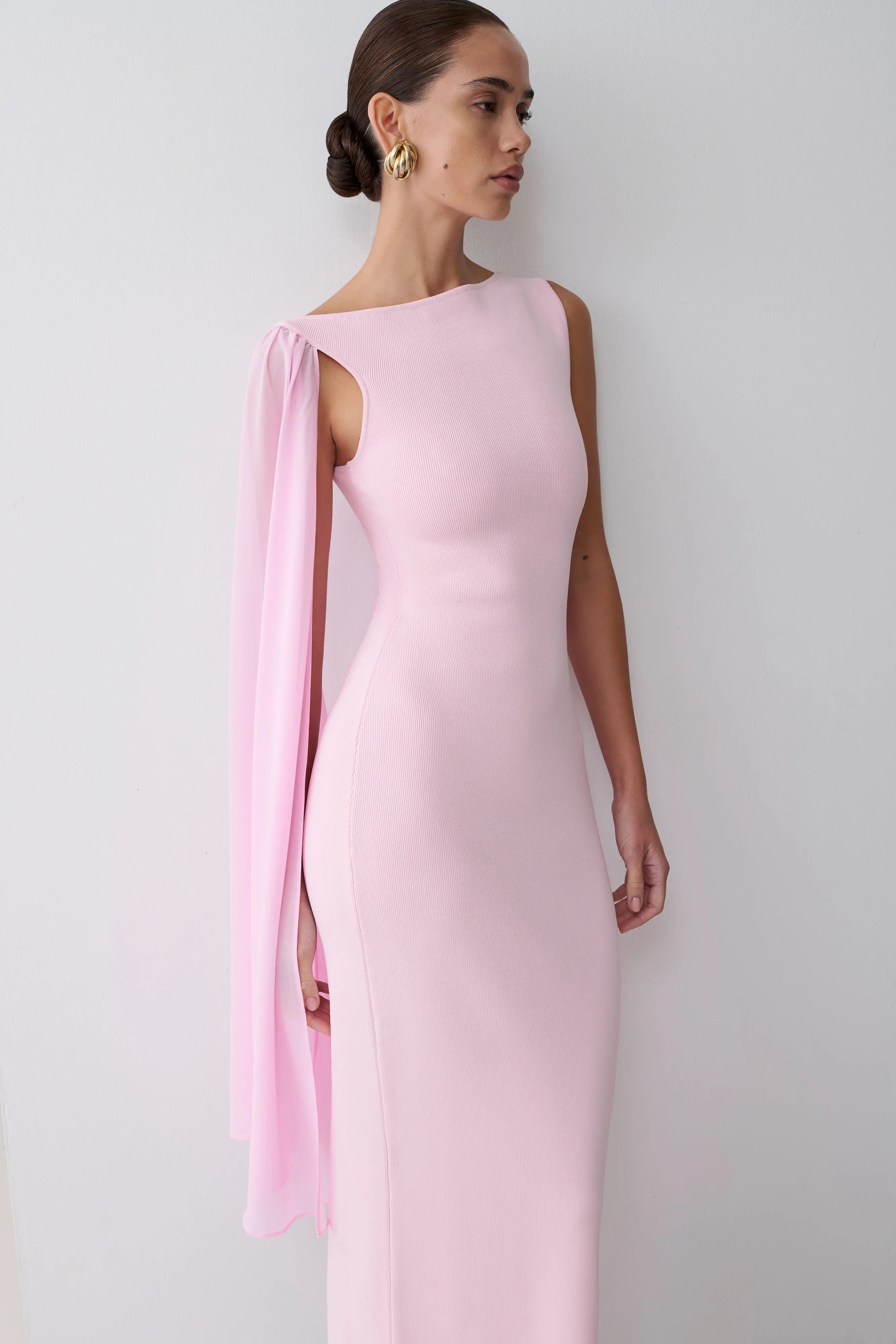 Farid Bandage Midi Dress With Chiffon Baby Pink