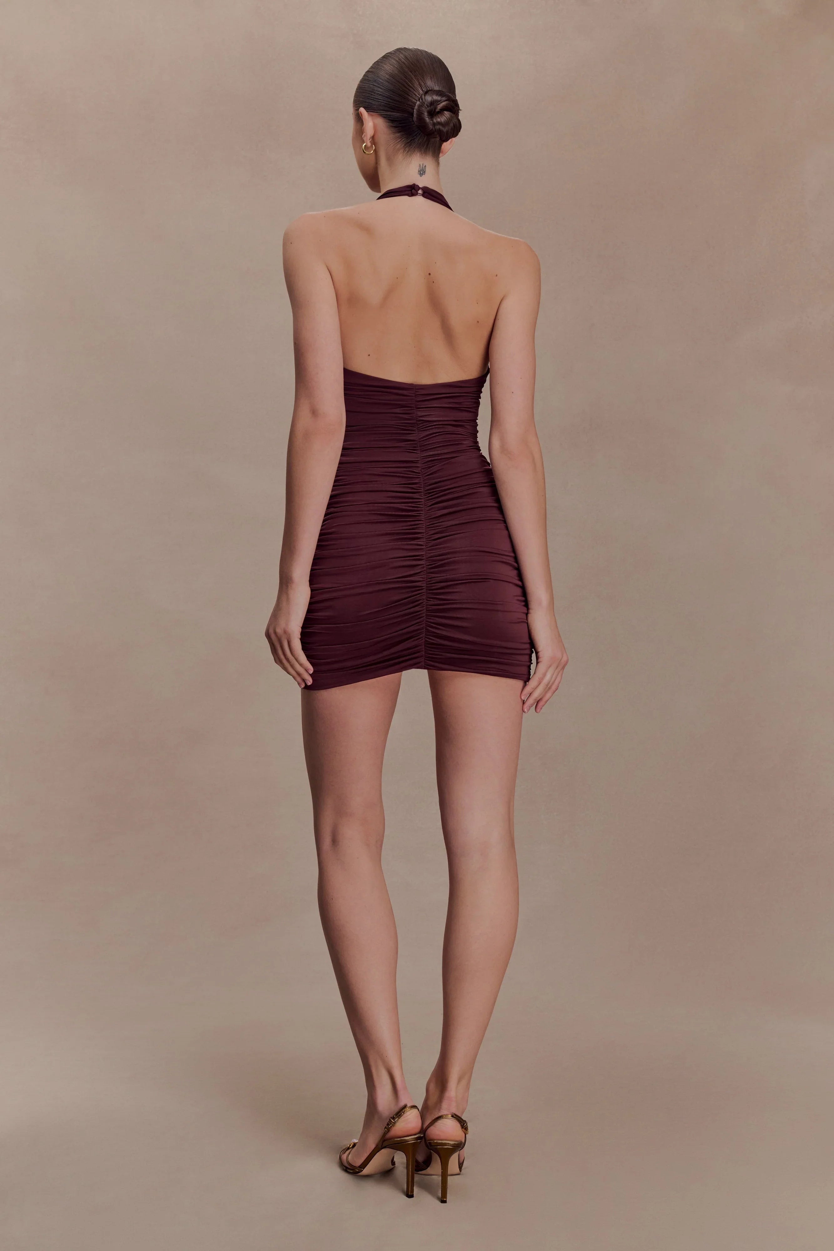 Fleur Ruched Slinky Mini Dress Mahogany