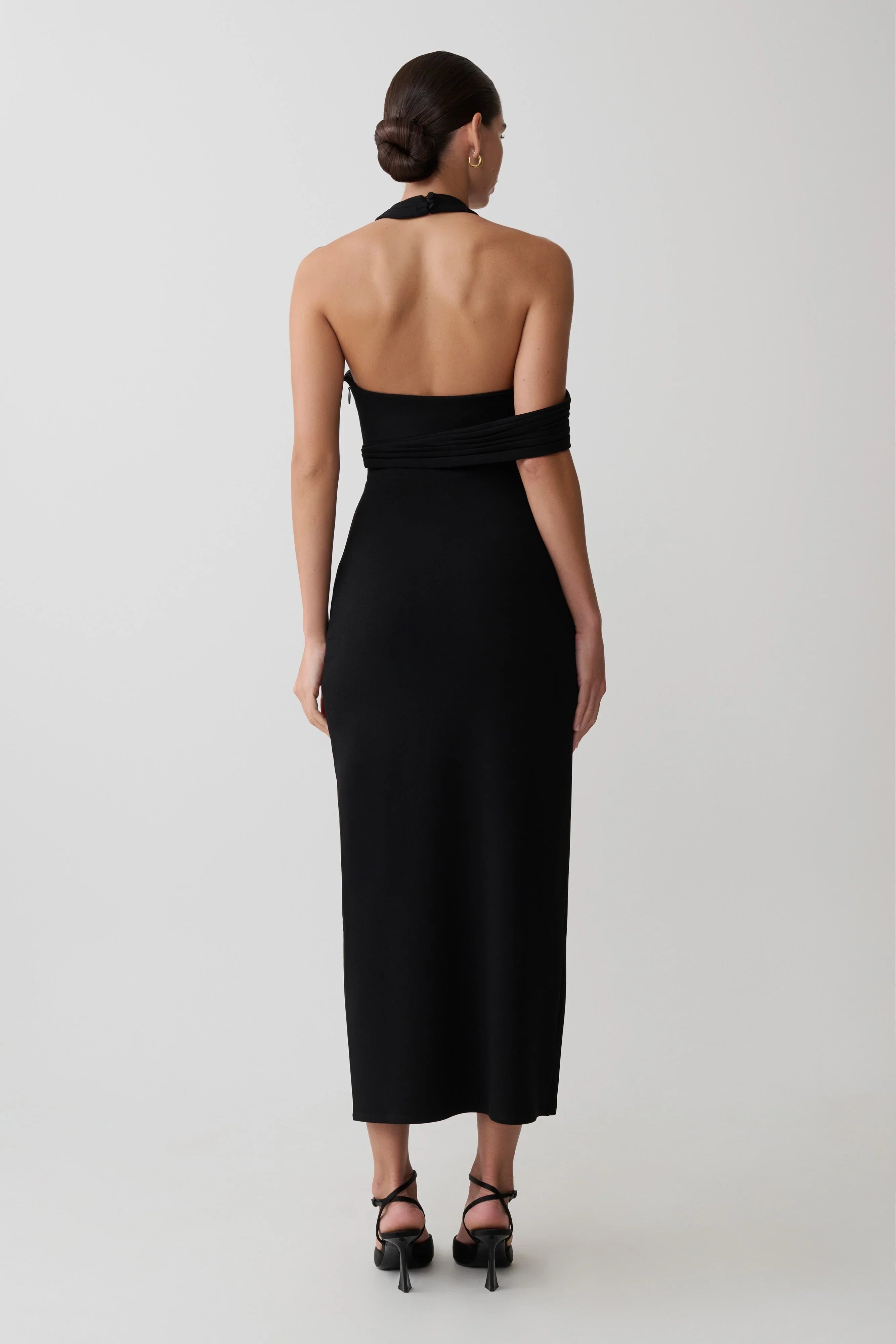 Sable Crossover Crepe Midi Dress Black