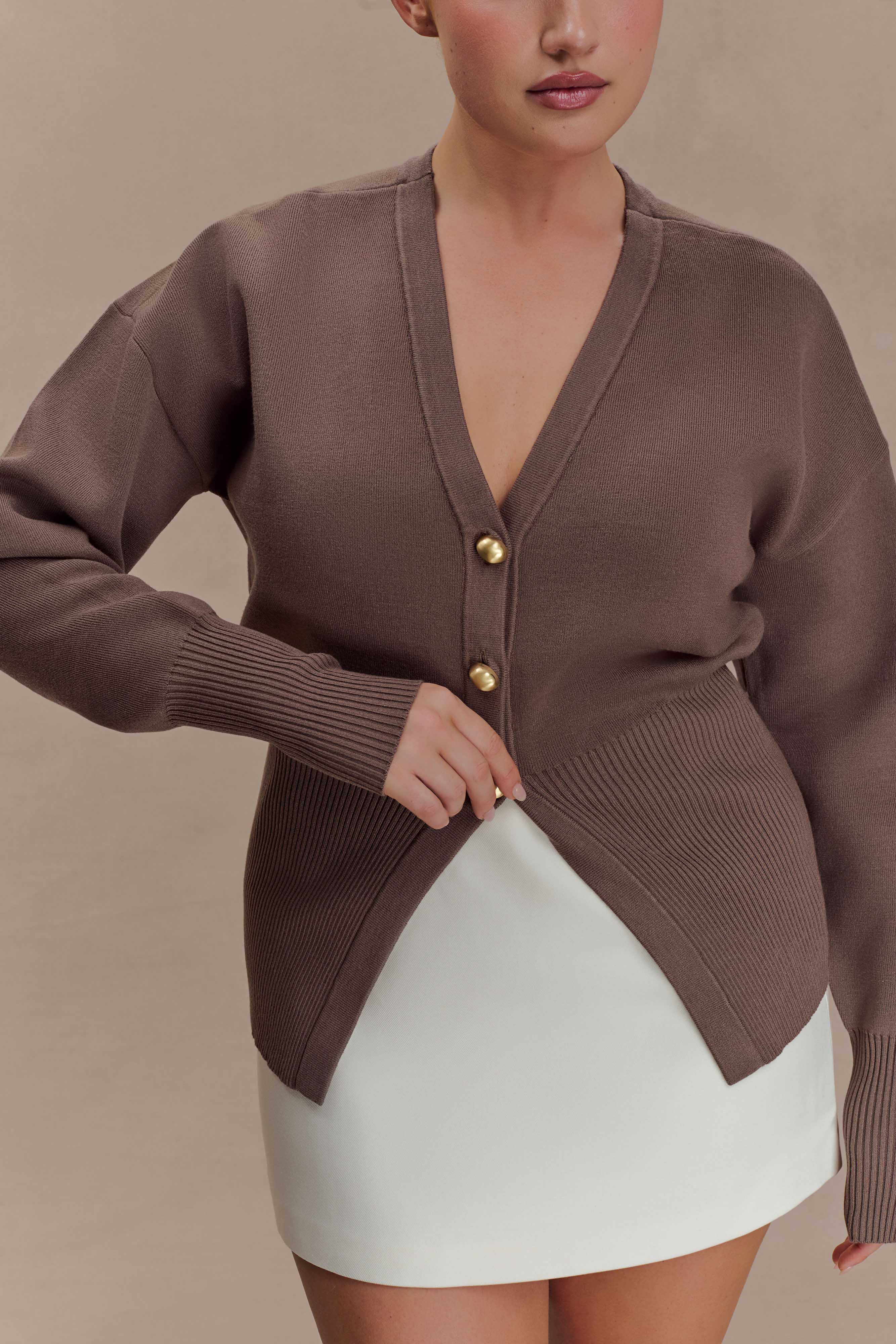 Amanda Statement Button Knit Cardigan Cacao Brown