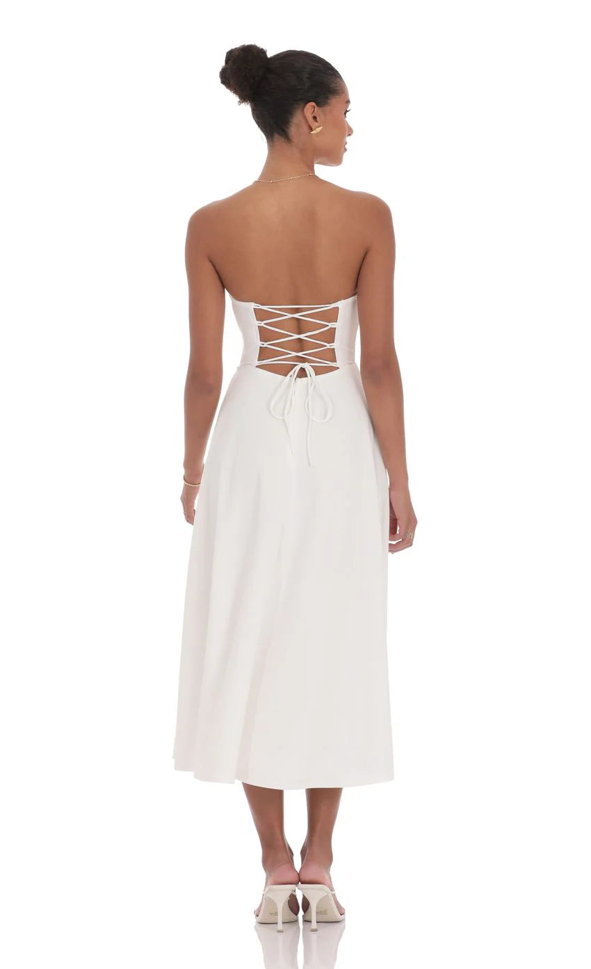 Lace Bust A Line Midi Dress in White