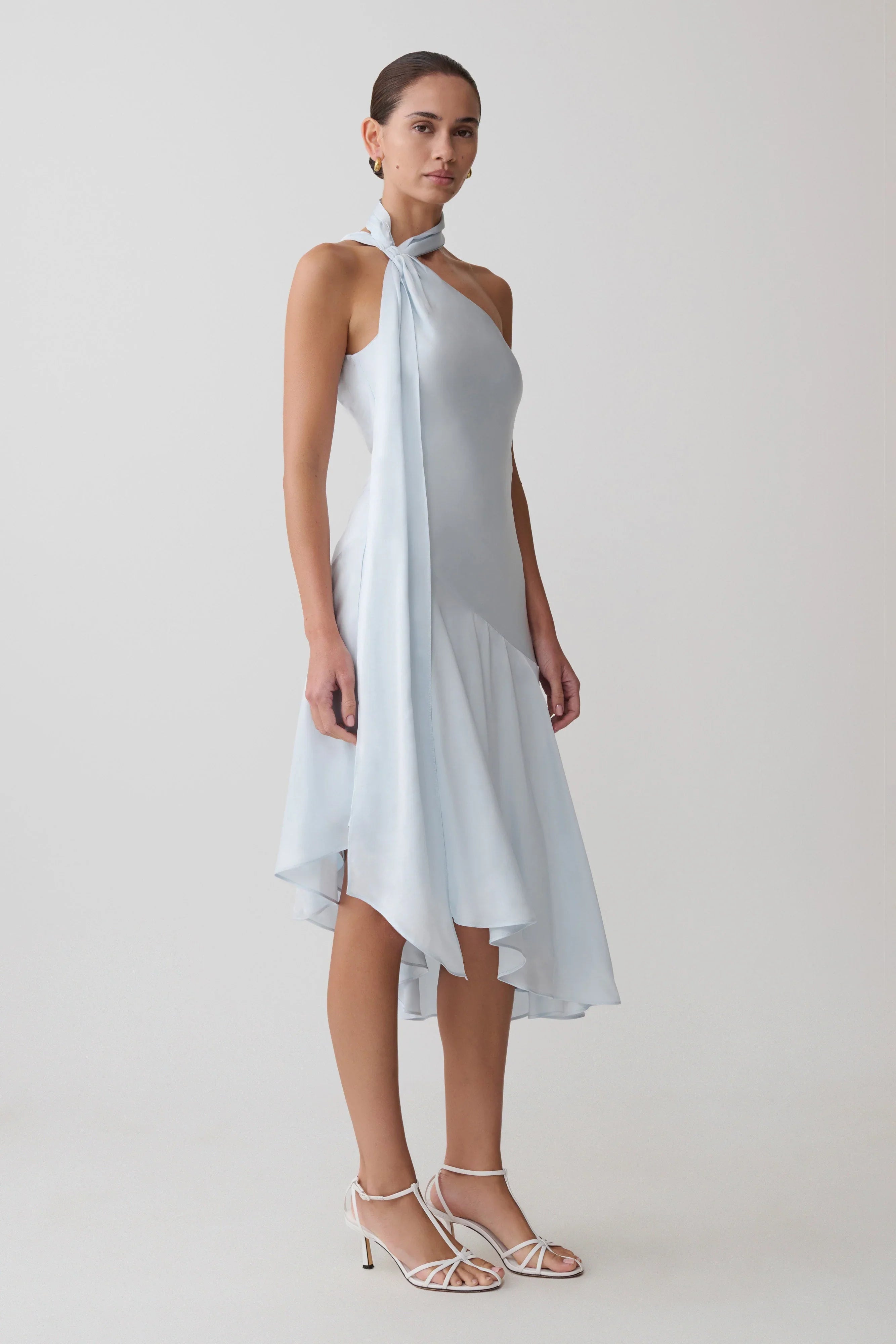Evelina Halter Asymmetric Hem Midi Dress Ice Blue