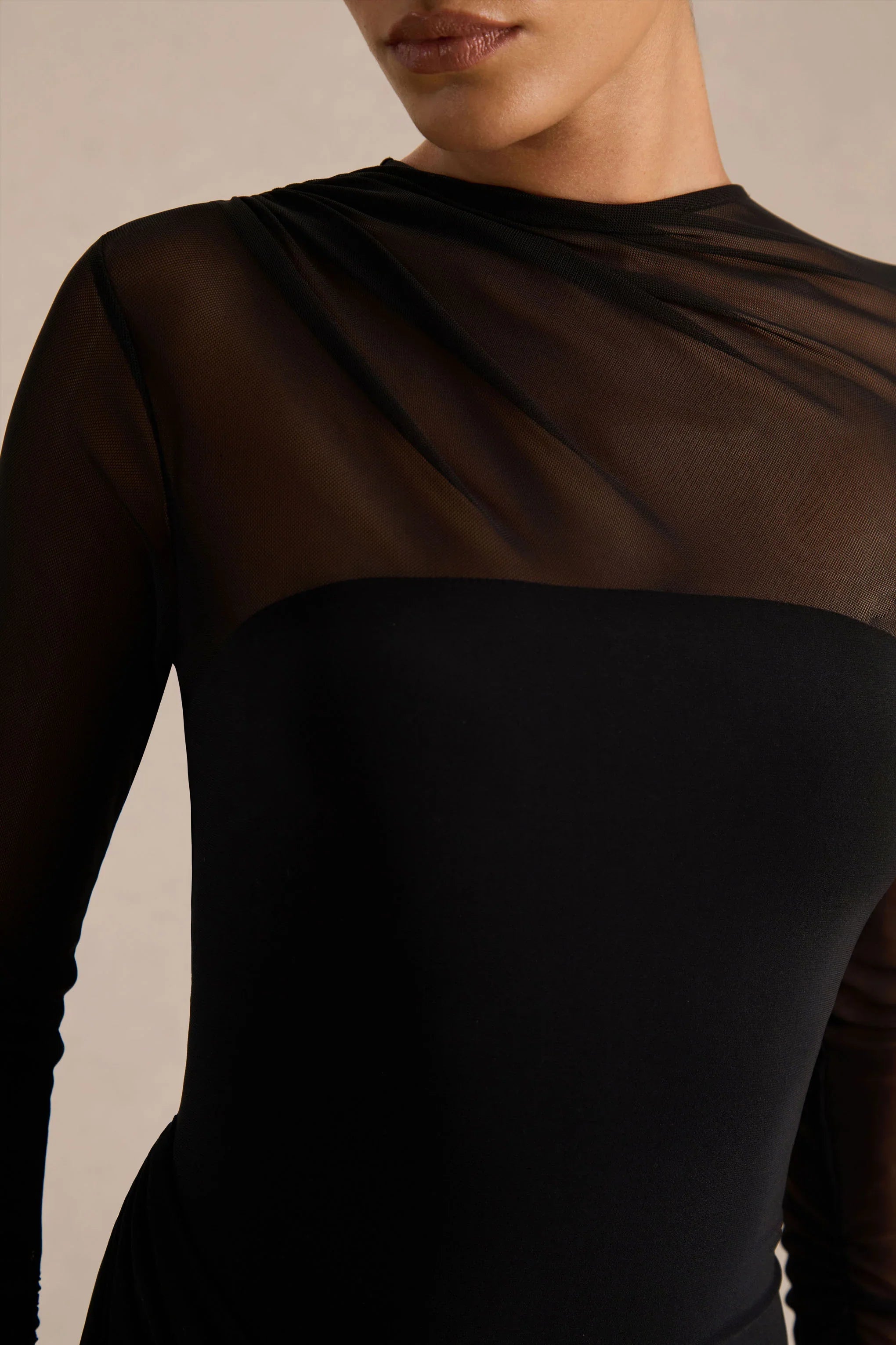 Deema Black Jersey And Mesh High Neck Maxi Dress