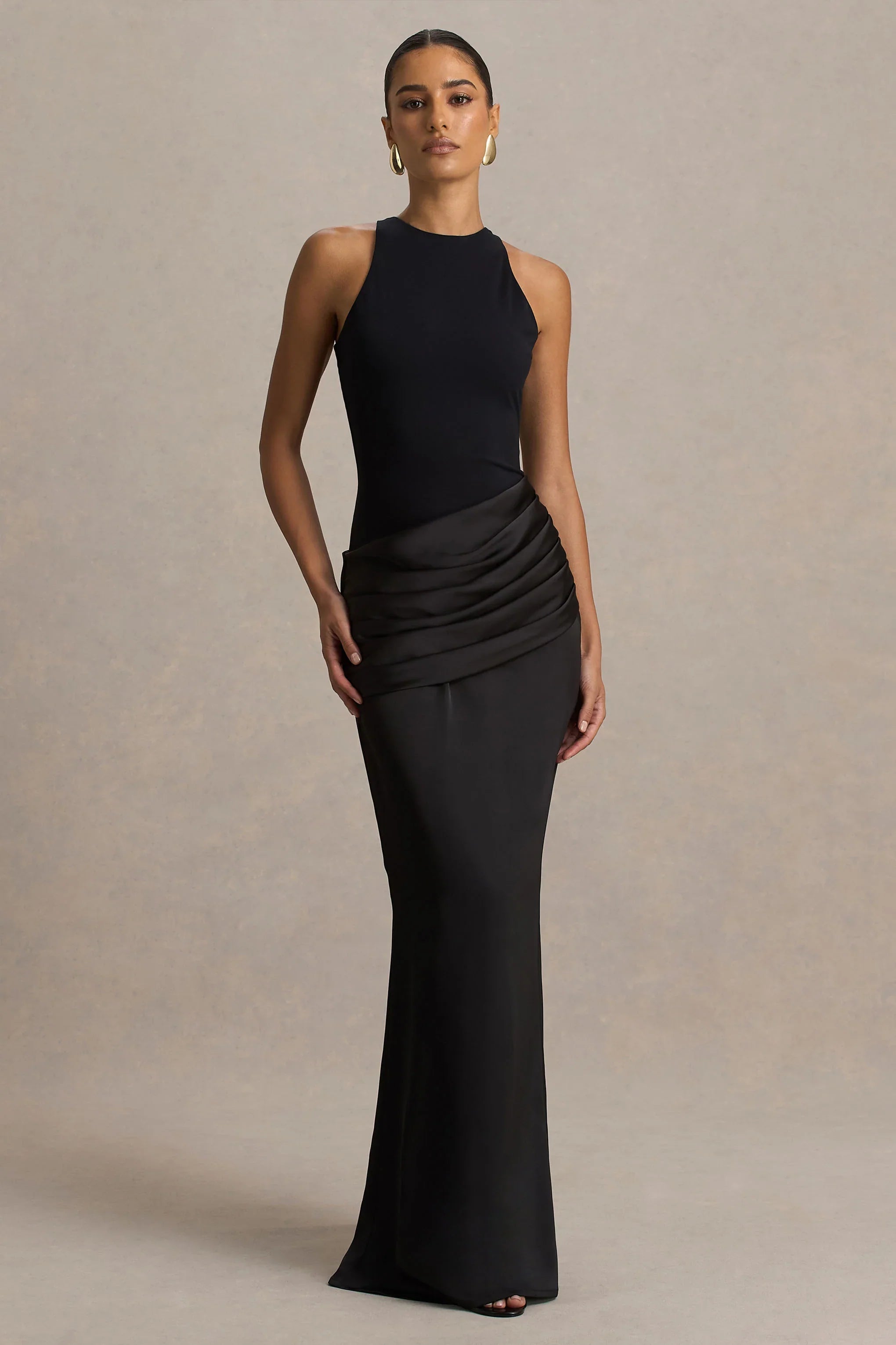 Akari Black Crew Neck Maxi Dress With Satin Skirt
