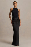 Akari Black Crew Neck Maxi Dress With Satin Skirt