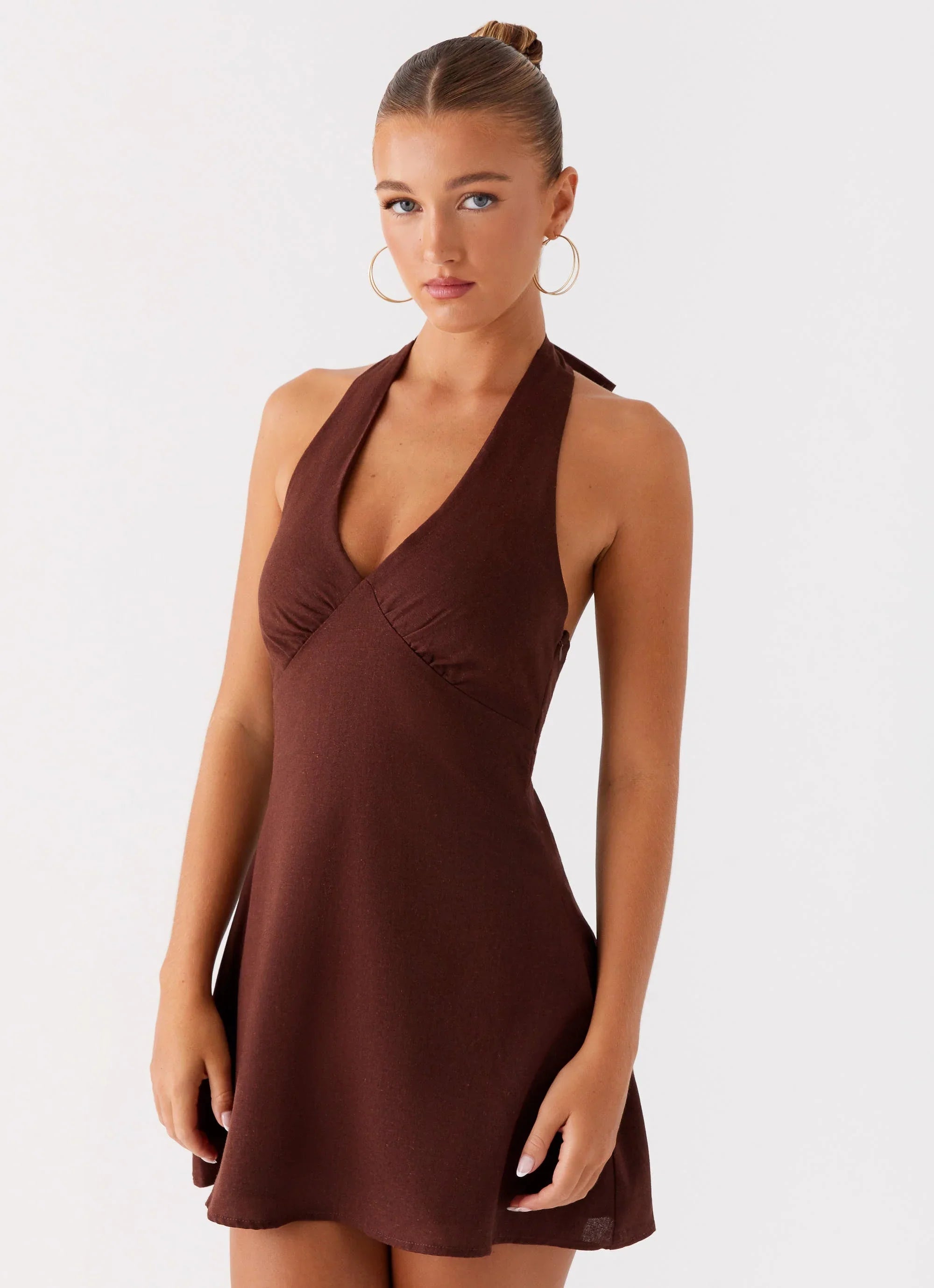 Heavy Hearted Linen Mini Dress Brown