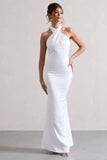 Unbeatable White Satin Cross Over Halter Neck Maxi Dress