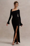 Cosmos Black Asymmetric Long Sleeve Split Maxi Dress