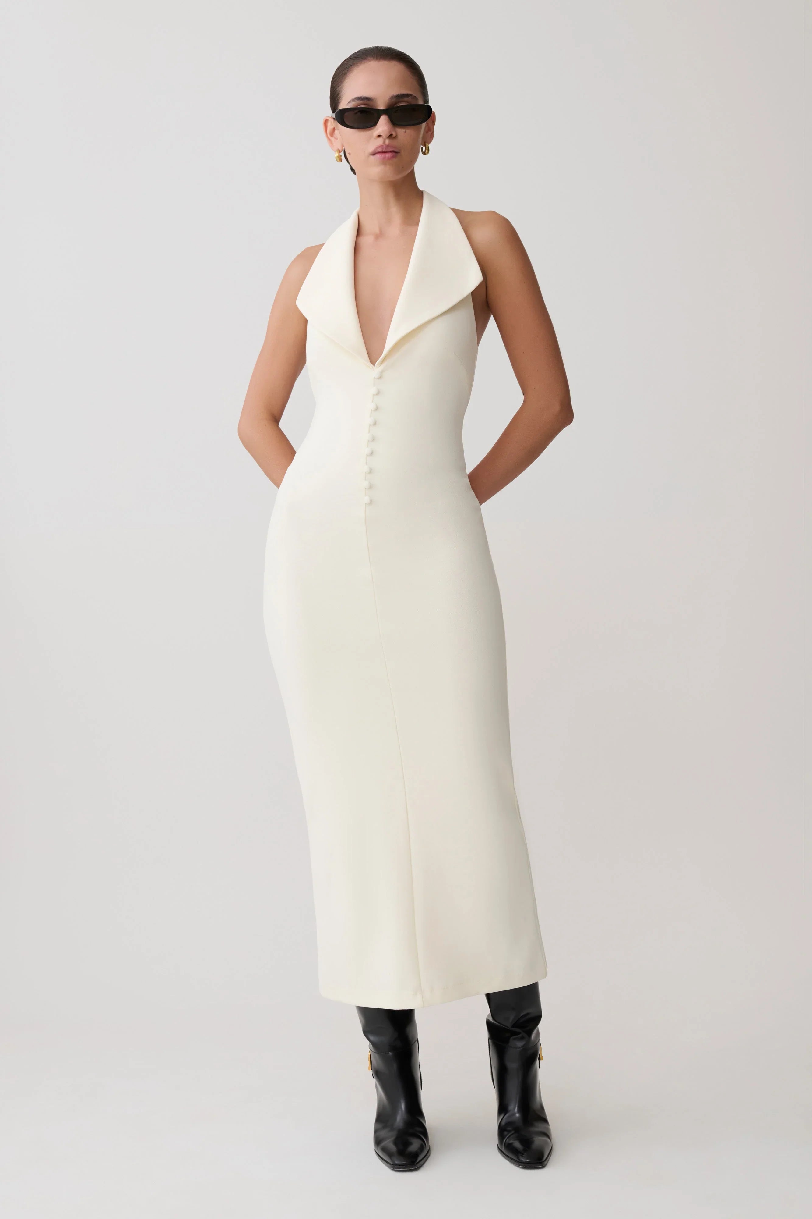 Annita Crepe Halter Midi Dress Ivory