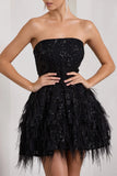 Little Wish Black Sequin Lace Strapless Mini Dress With Feathers