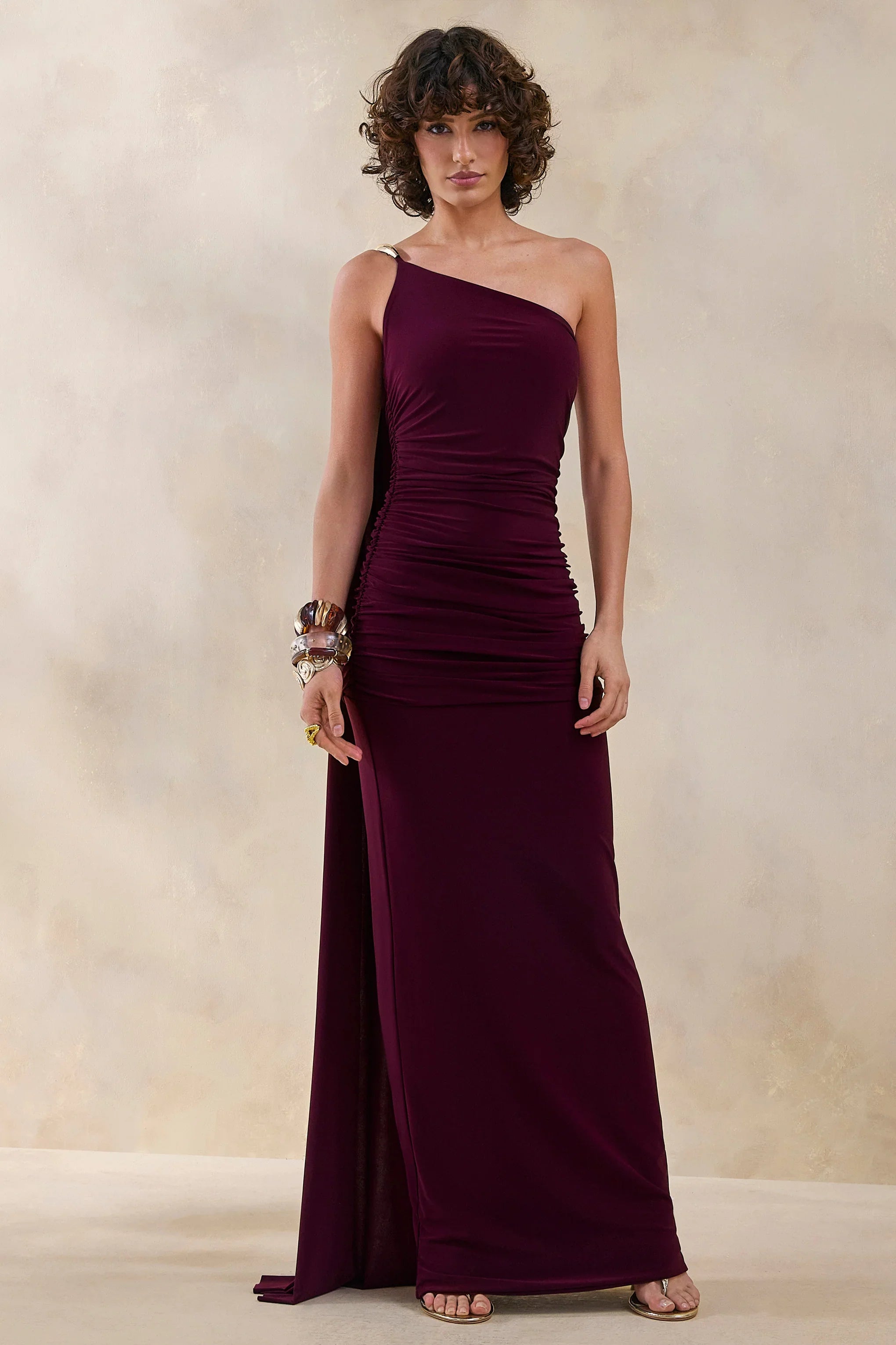 Bettine Burgundy Asymmetric Neck Maxi Dress With Cape Sleeve
