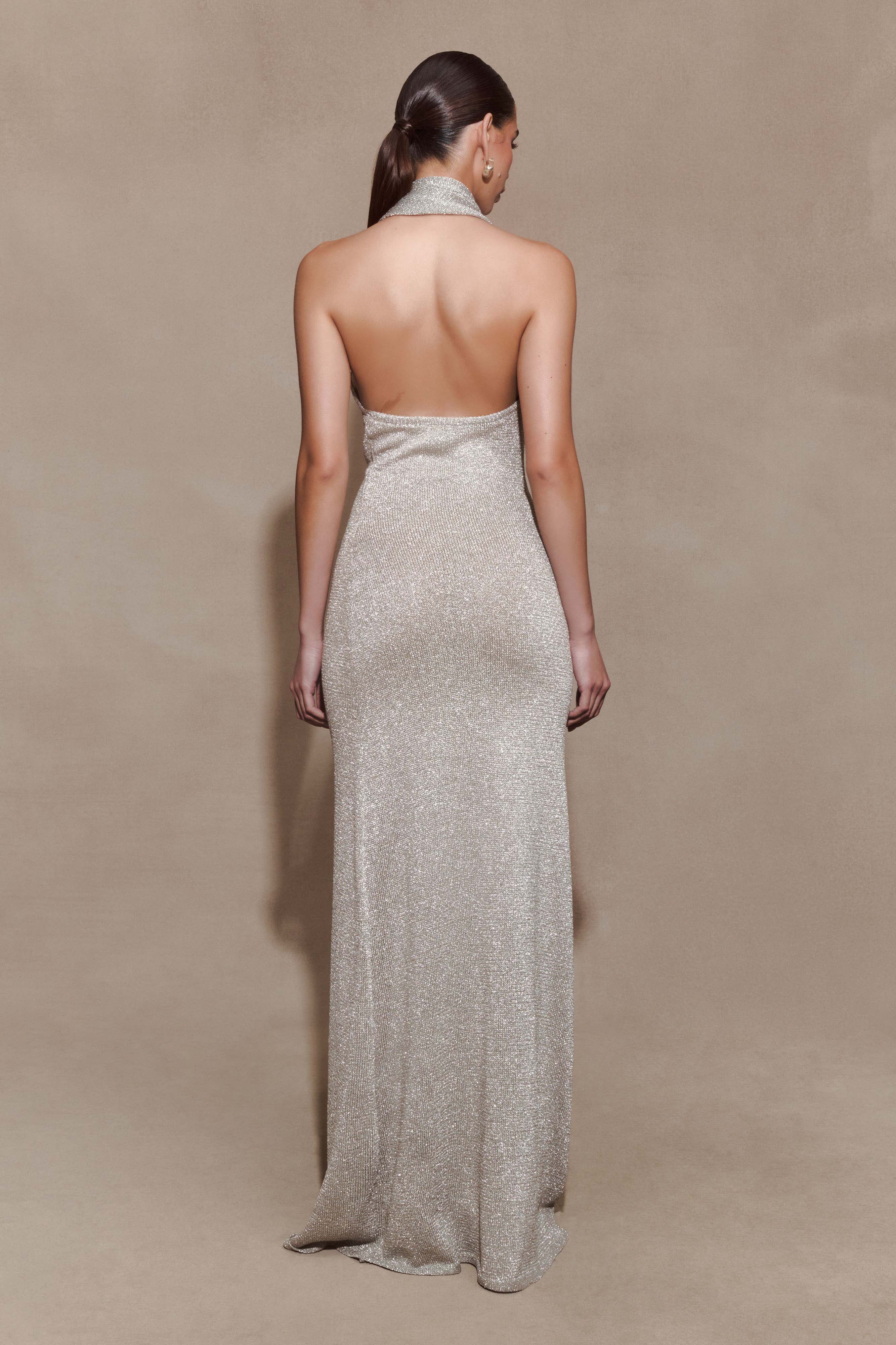 Elma Lurex Knit Halter Maxi Dress Silver