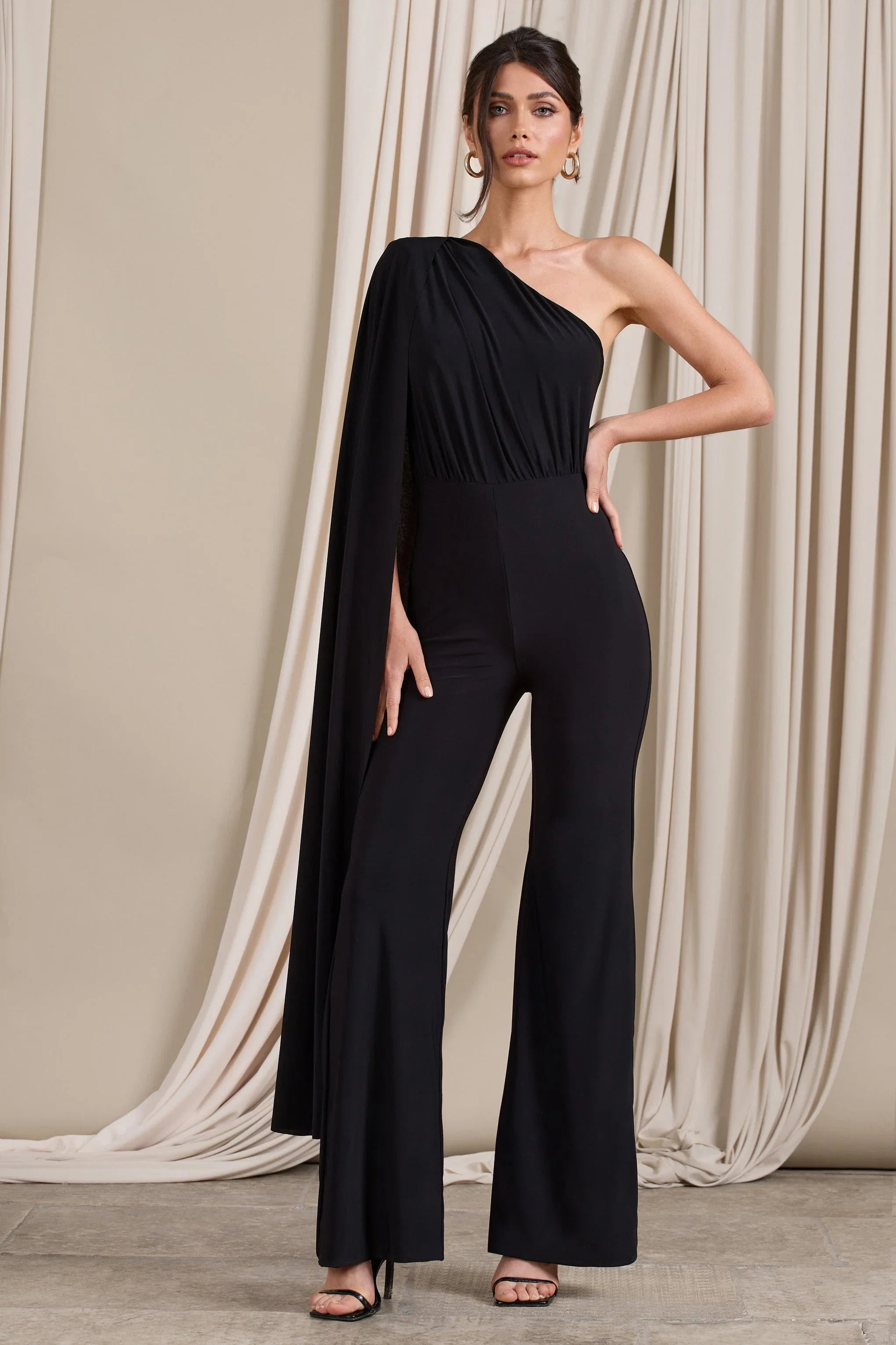 Aurora Black One Shoulder Cape Sleeve Jumpsuit