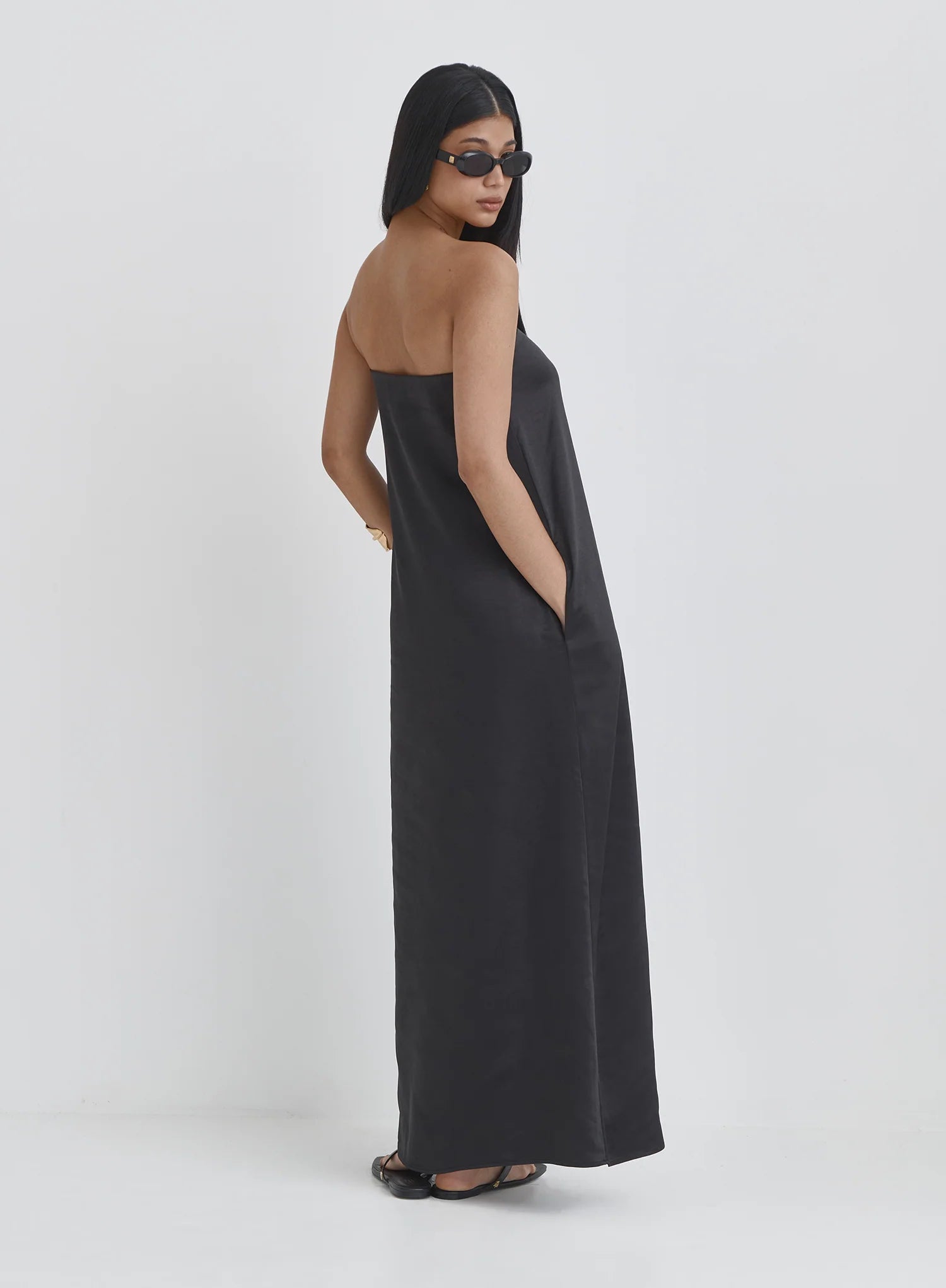 Black Satin Bandeau Maxi Dress