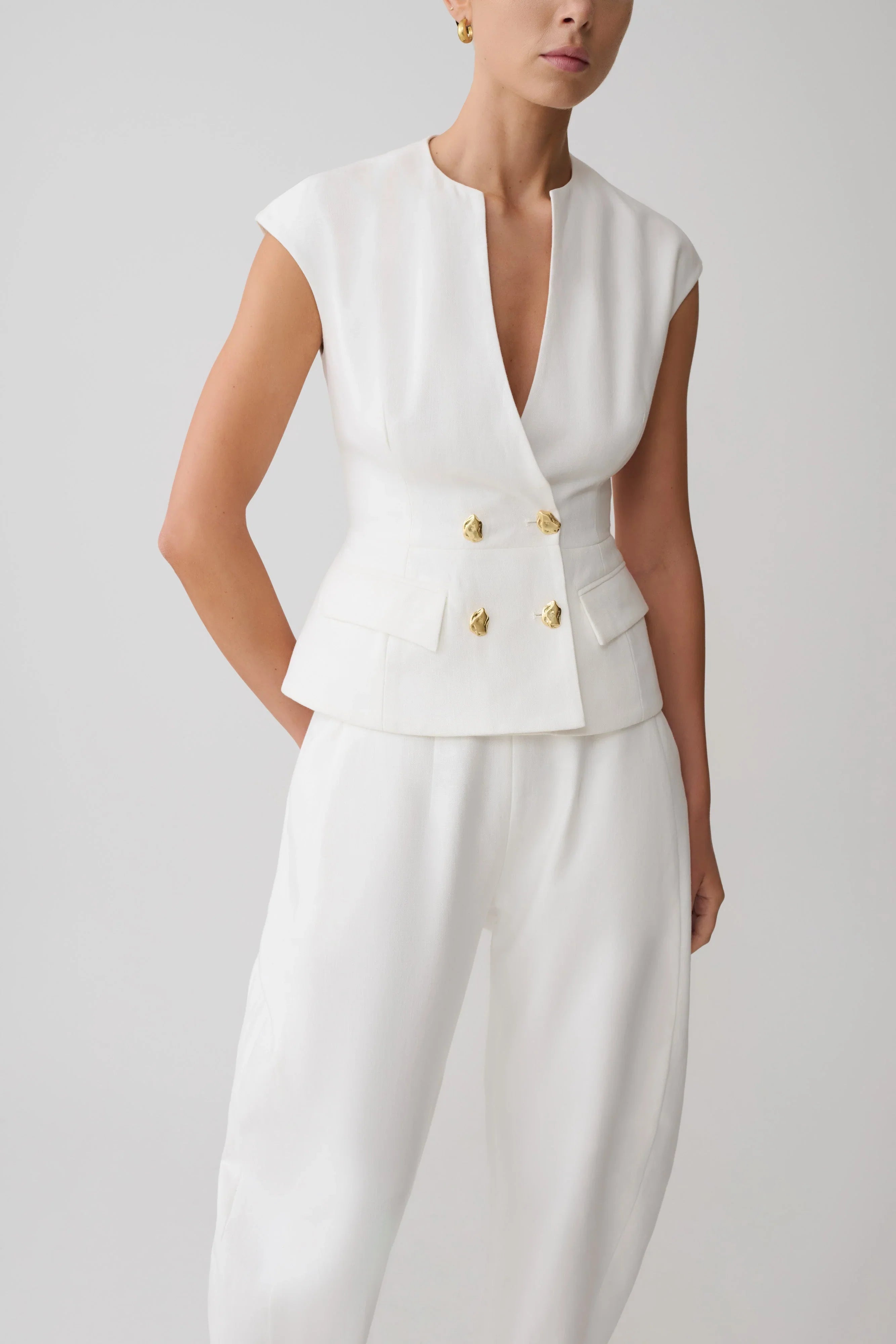 Oriana Linen Button Vest White